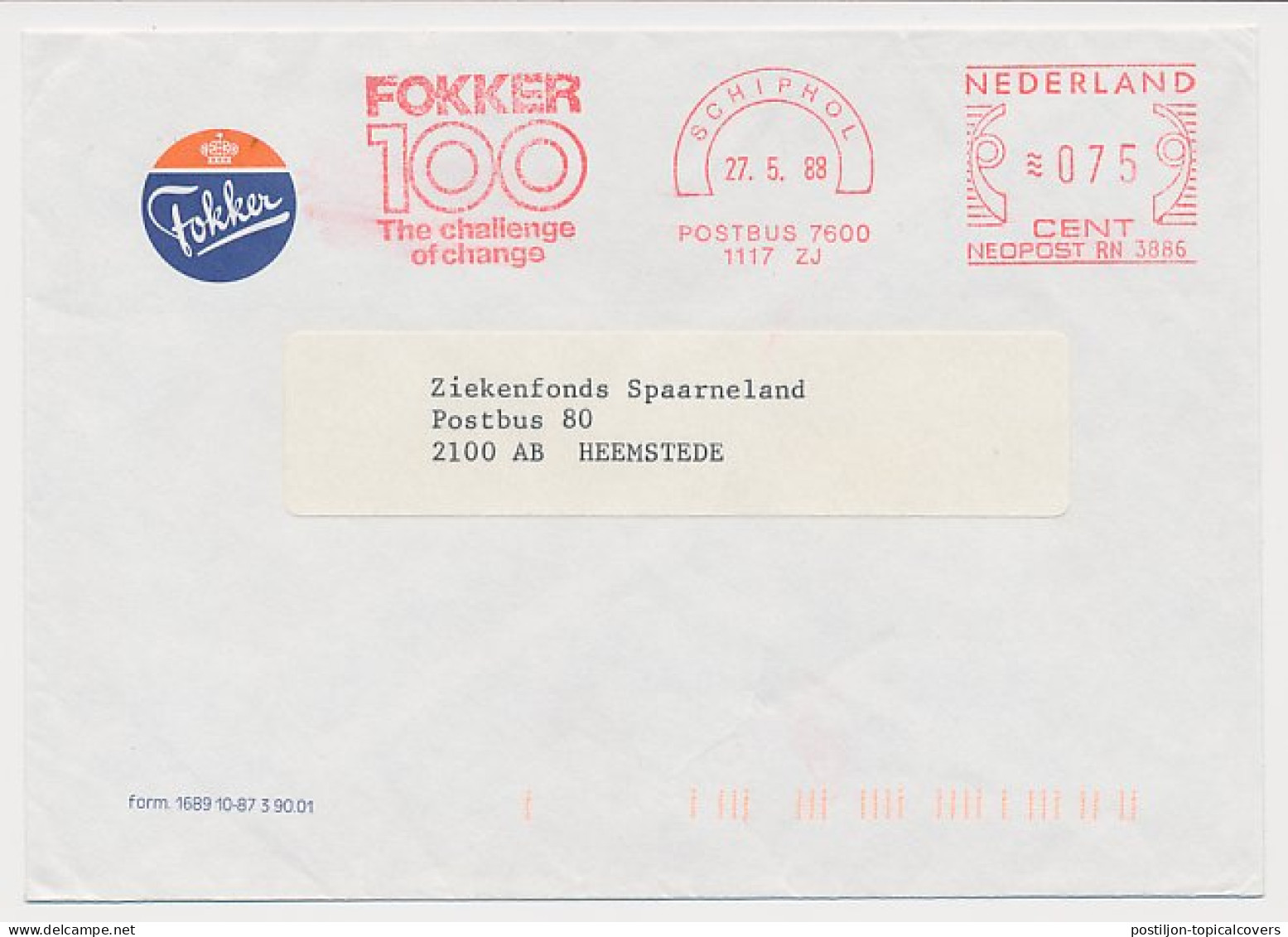 Meter Cover Netherlands 1988 Fokker - Fokker 100 - Airplane - Airplanes