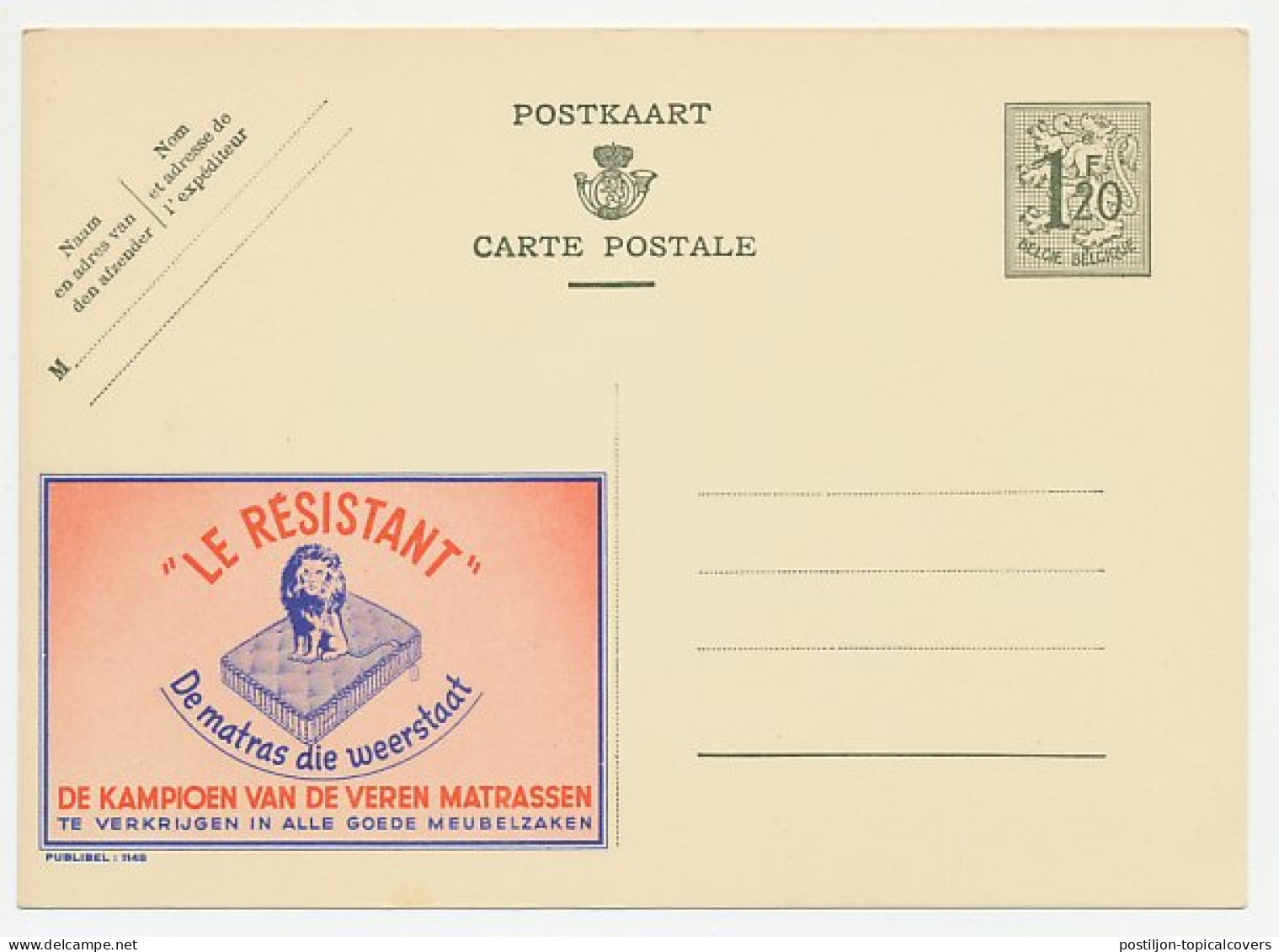 Publibel - Postal Stationery Belgium 1952 Lion - Mattress - Autres & Non Classés