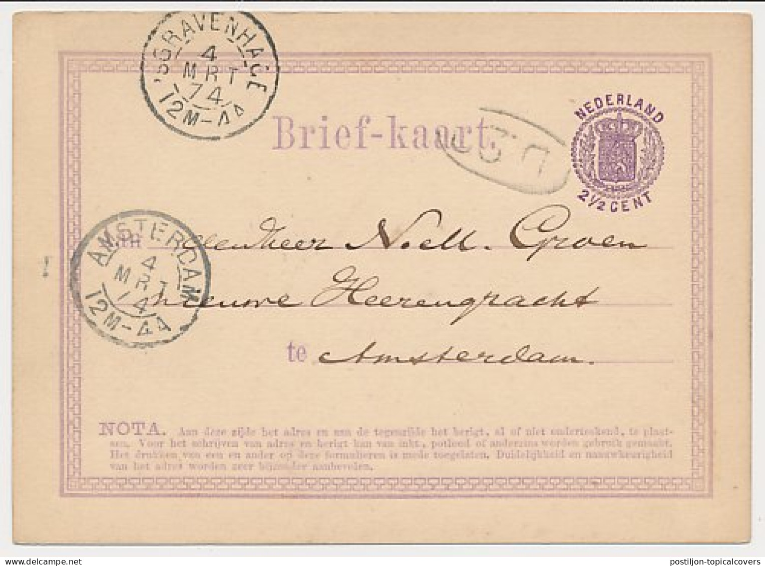 Briefkaart G. 4 S Gravenhage - Amsterdam 1874 - Postwaardestukken