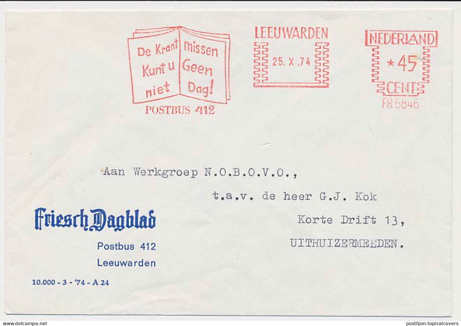 Meter Cover Netherlands 1974 Newspaper - Leeuwarden - Ohne Zuordnung