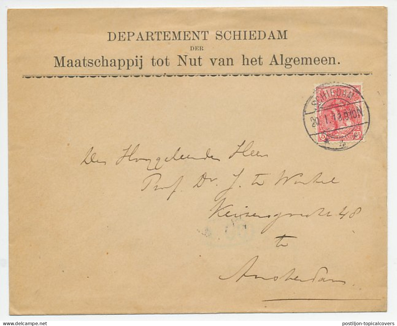 Envelop Schiedam 1913 - Maatschappij Tot Nut Van Het Algemeen - Non Classés