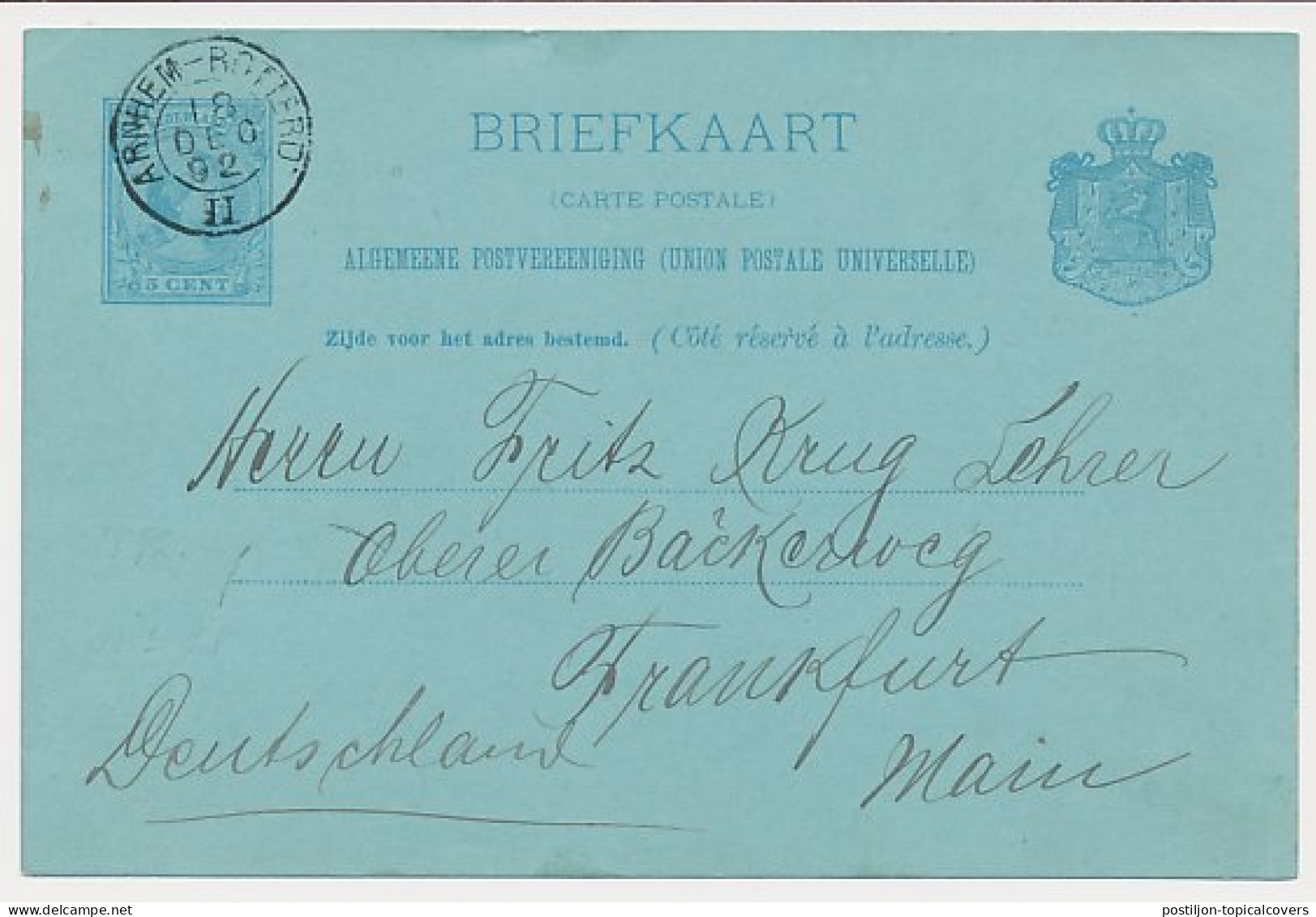 Trein Kleinrondstempel Arnhem - Rotterdam II 1892 - Brieven En Documenten