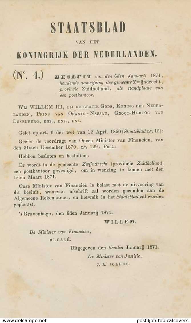 Staatsblad 1871 - Betreffende Postkantoor Zwijndrecht - Lettres & Documents