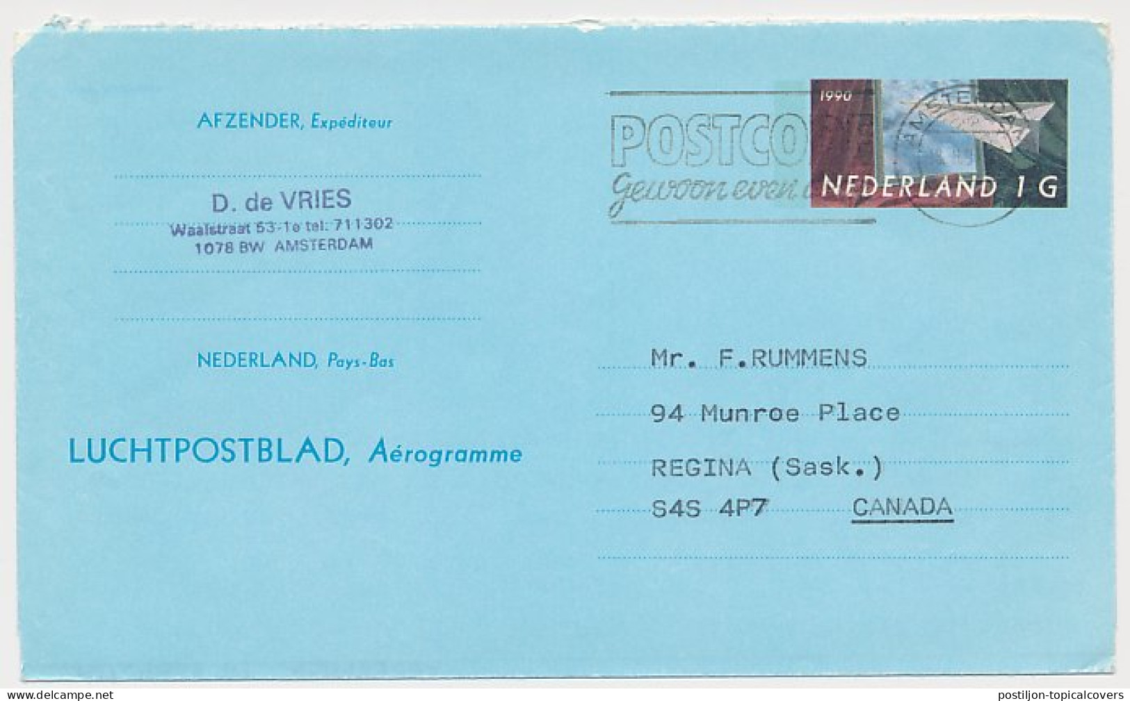 Luchtpostblad G. 30 Amsterdam - Regina Canada 1991 - Postwaardestukken
