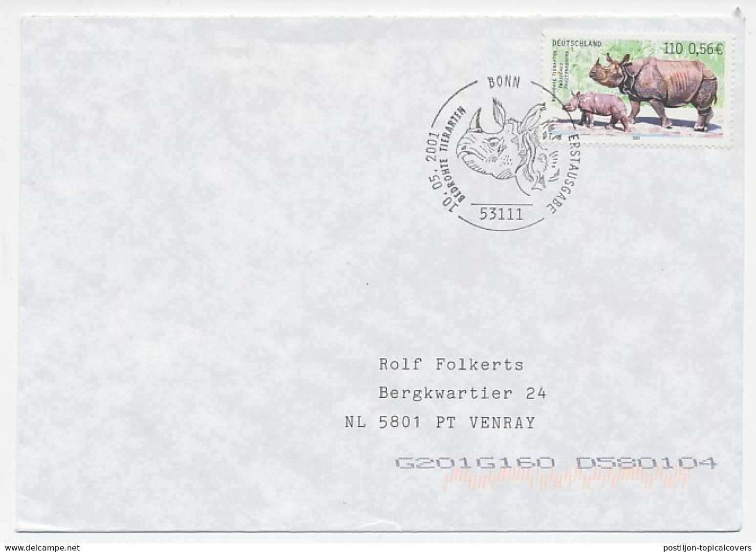 Cover / Postmark Germany 2001 Rhinoceros - Andere & Zonder Classificatie