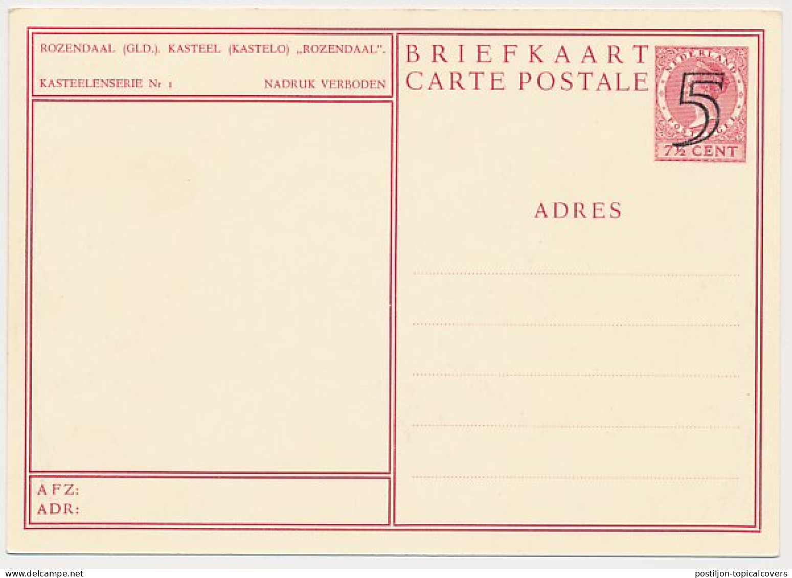 Briefkaart G. 286 - Complete Serie Kastelen - Opdruk 5 - Postwaardestukken