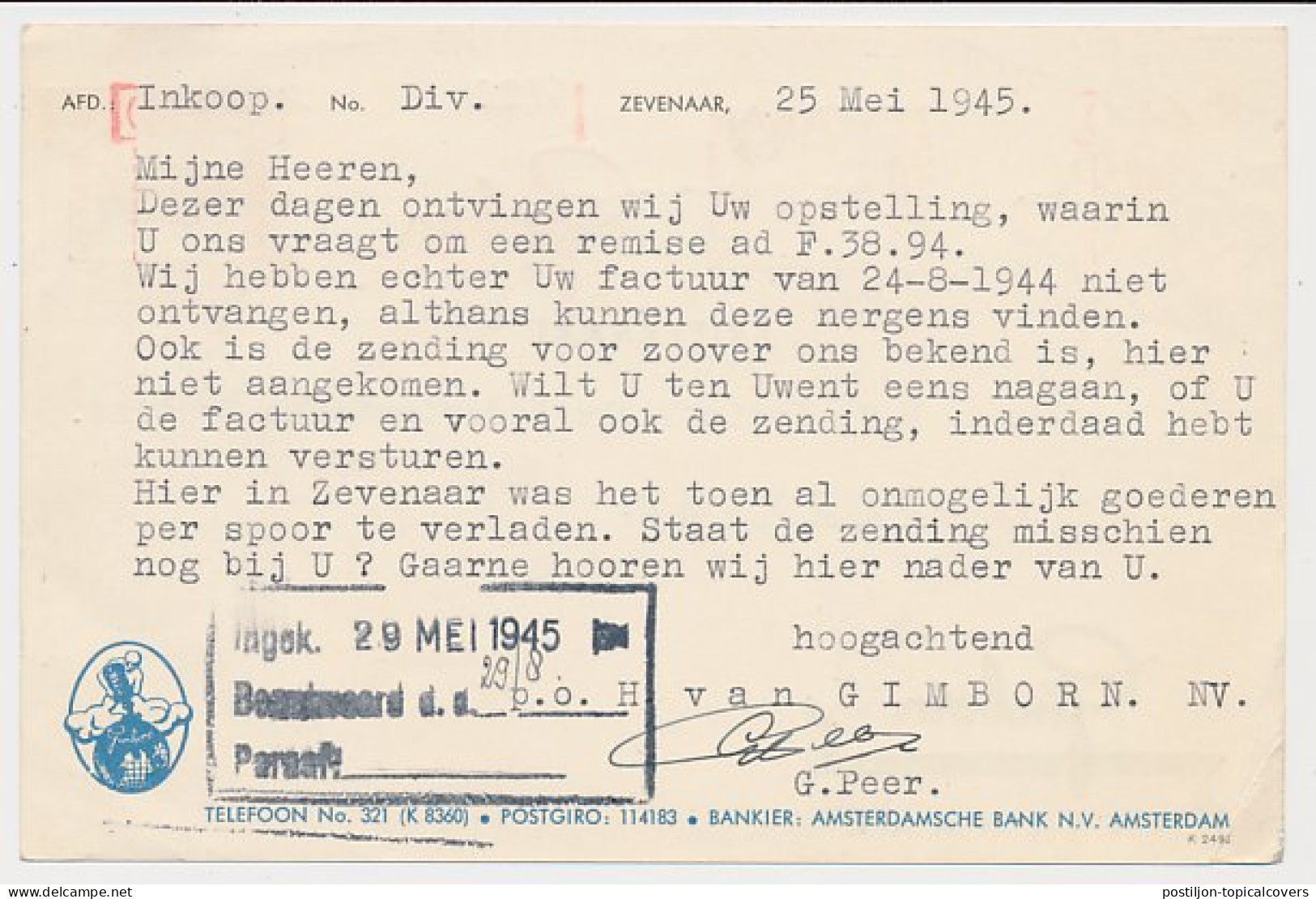 Firma Briefkaart Zevenaar 1945 - Gimborn - Inktpot - Globe  - Non Classés