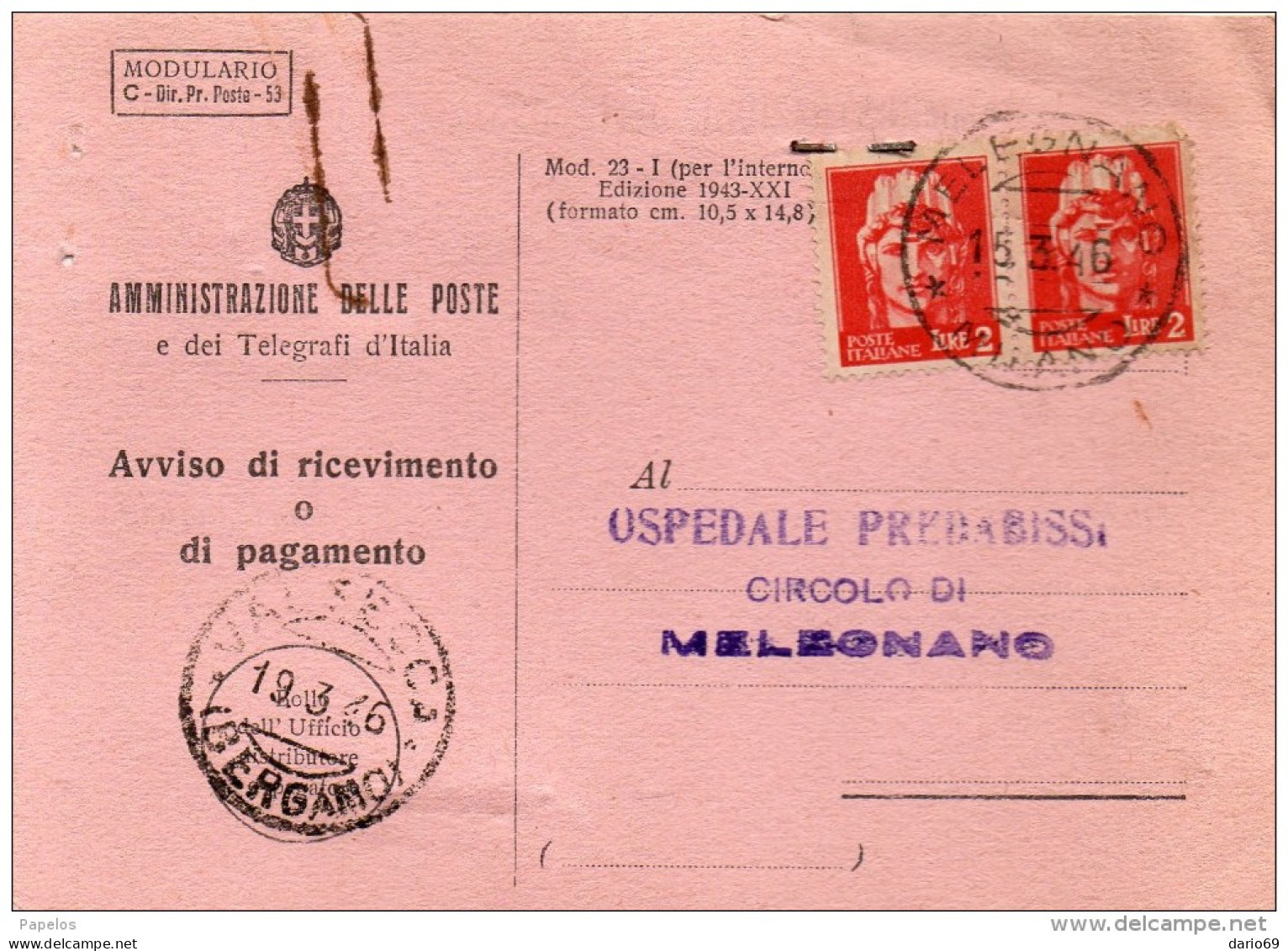 1946 RICEVUTA DI RITORNO CON ANNULLO MELEGNANO MILANO - Marcophilie