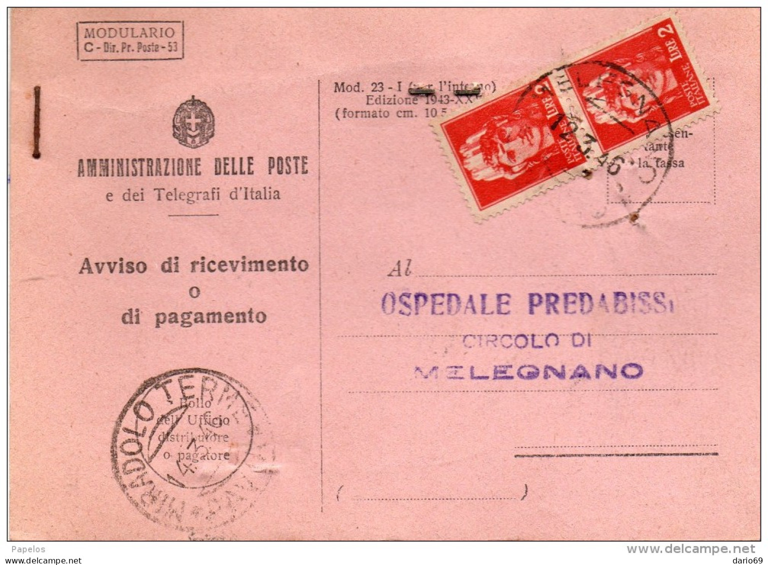 1946 RICEVUTA DI RITORNO CON ANNULLO MELEGNANO MILANO - 1946-60: Poststempel