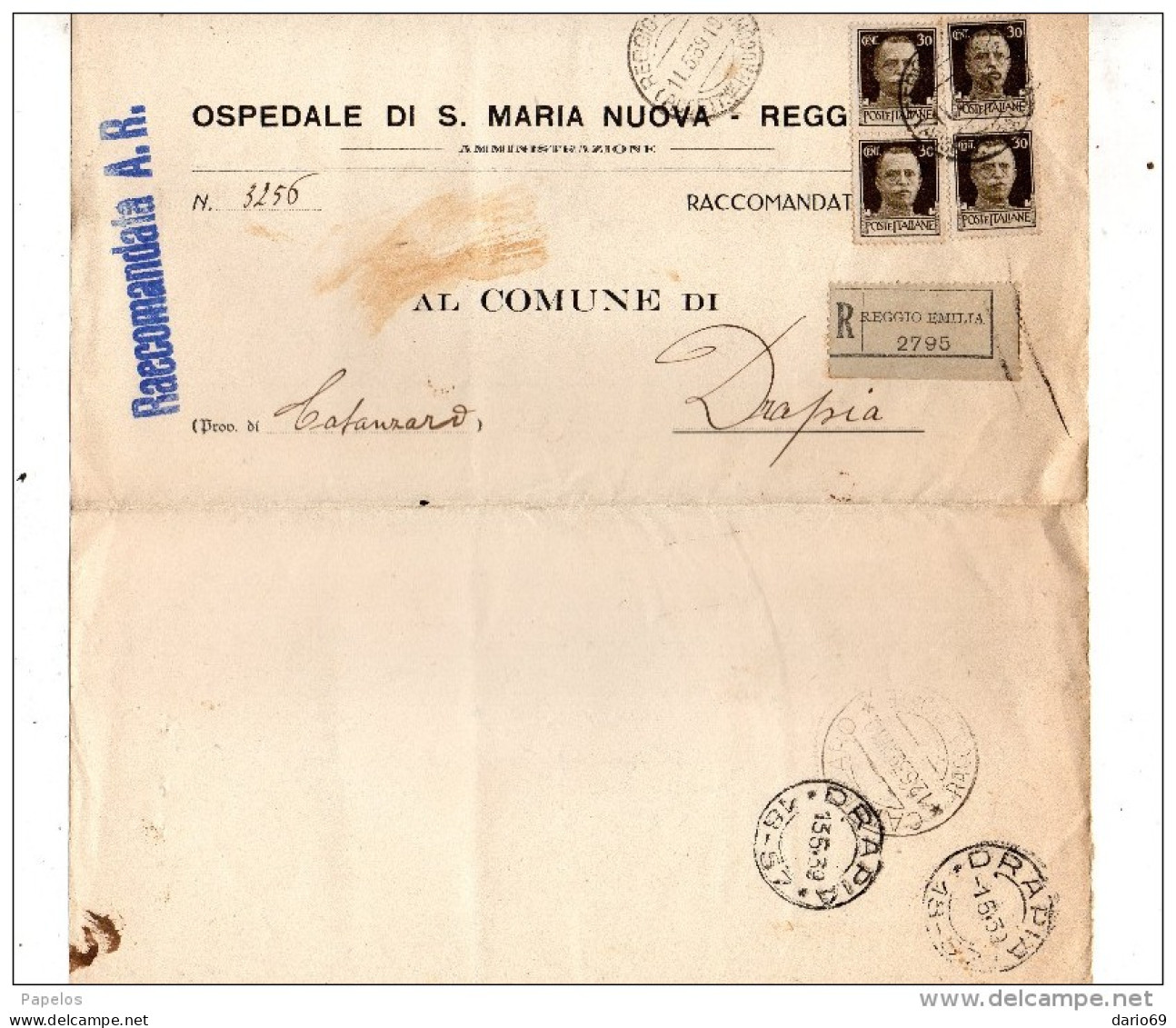 1939  LETTERA RACCOMANDATA  CON ANNULLO  REGGIO EMILIA + DRAPIA - Poststempel