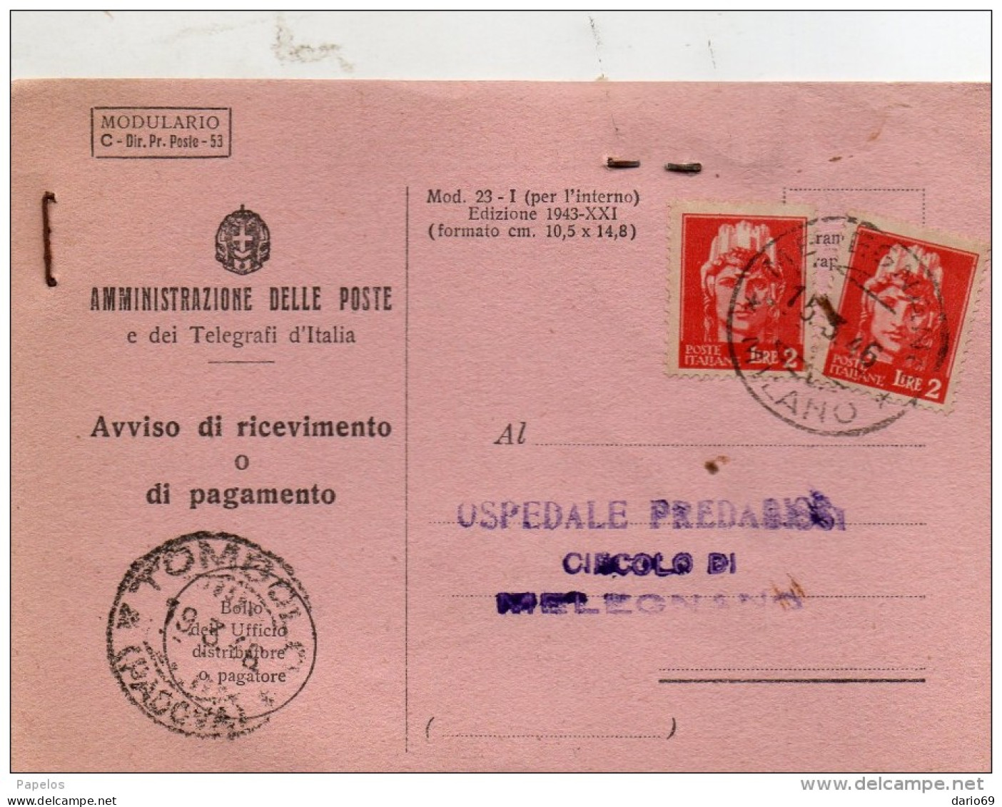 1946 RICEVUTA DI RITORNO CON ANNULLO MELEGNANO MILANO - 1946-60: Marcophilie