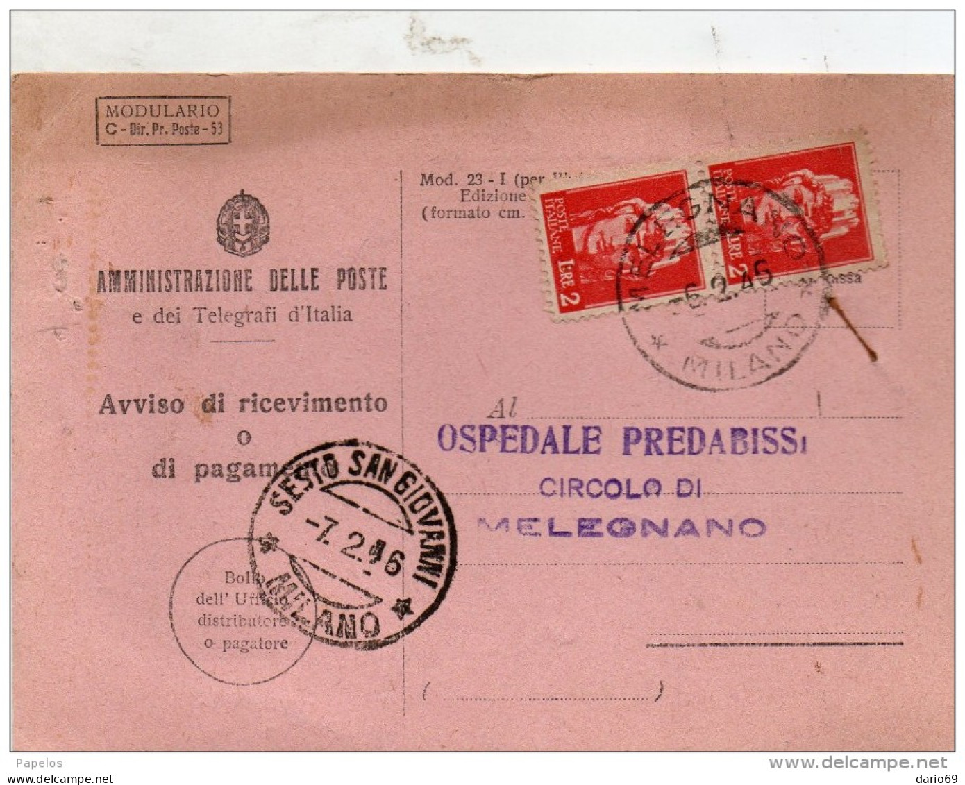 1946 RICEVUTA DI RITORNO CON ANNULLO MELEGNANO MILANO + SESTO S. GIOVANNI - 1946-60: Poststempel