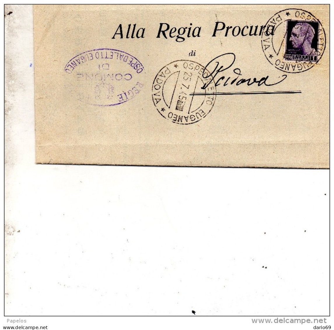 1945  LETTERA CON ANNULLO OSPEDALETTO EUGANEO PADOVA - Marcophilie