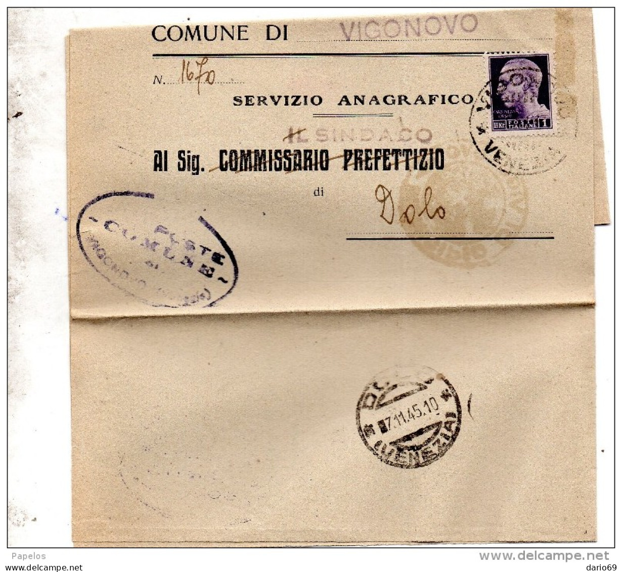 1945  LETTERA CON ANNULLO VIGONOVO VENEZIA - Poststempel
