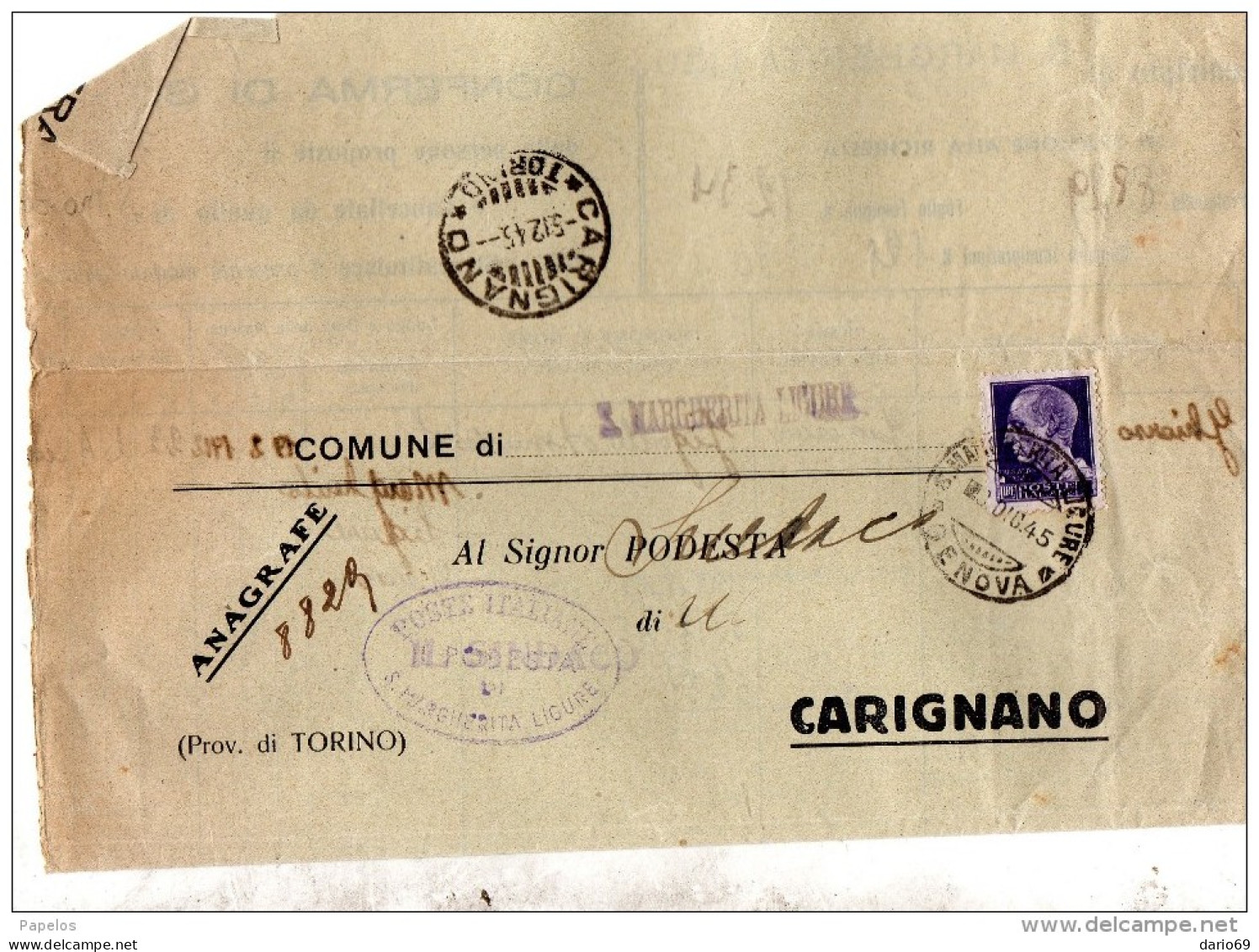 1945  LETTERA CON ANNULLO S. MARGHERITA LIGURE GENOVA + CARIGNANO - Poststempel