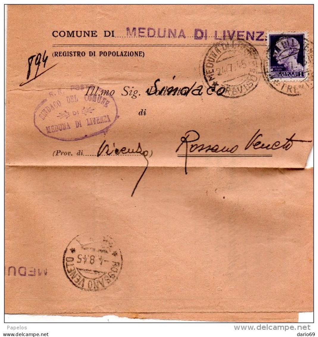 1945  LETTERA CON ANNULLO MEDUNA DI LIVENZA TREVISO - Marcofilía