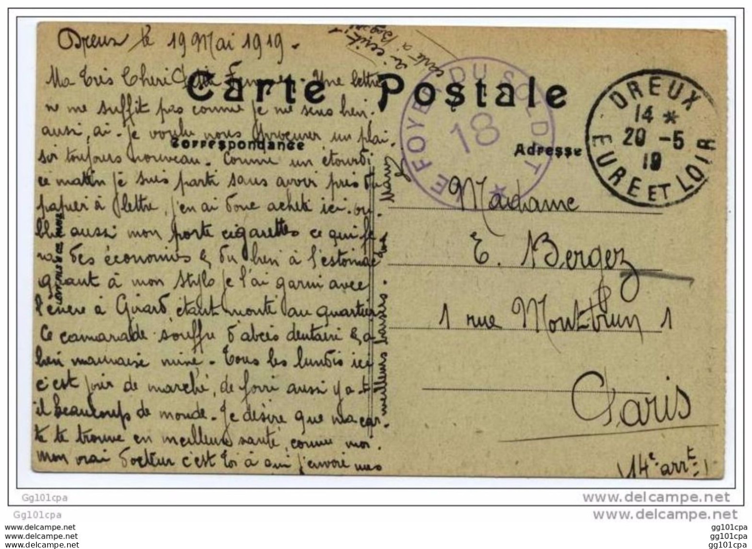 Cachet "Foyer Du Soldat 18 De Dreux 1919" Frappe SUPERBE Cp Dreux - Paiement Par MANGOPAY Uniquement - WW I