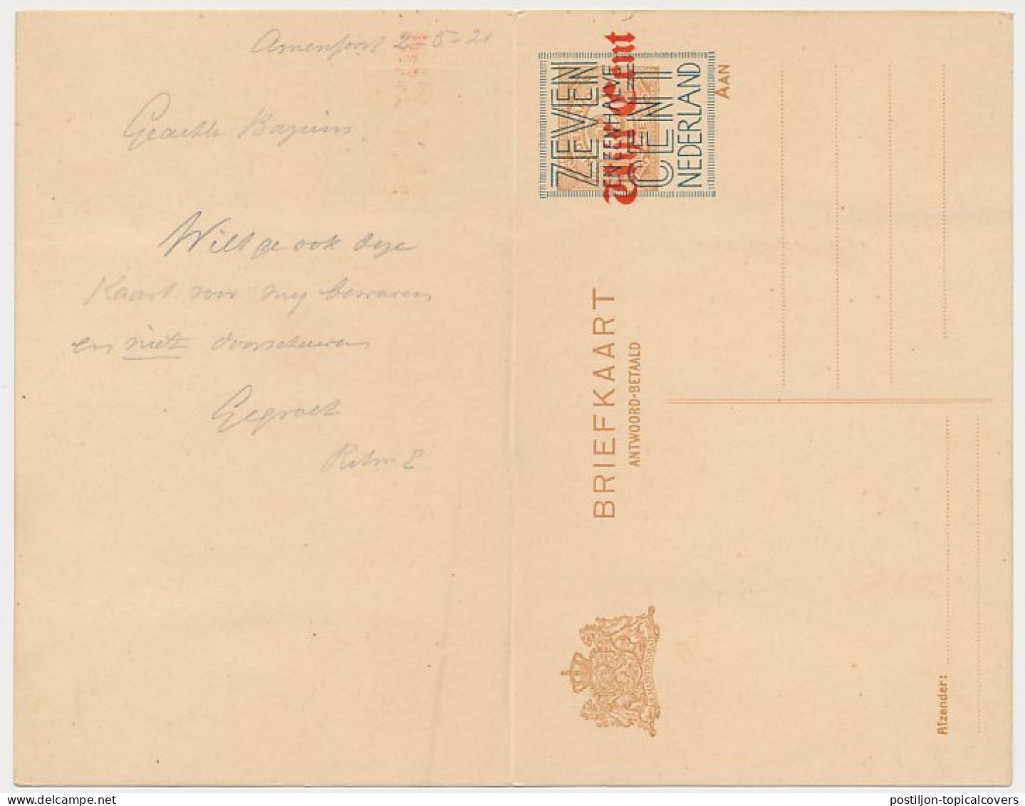 Briefkaart G. 141 I Amersfoort - Den Haag 1921 - Postwaardestukken