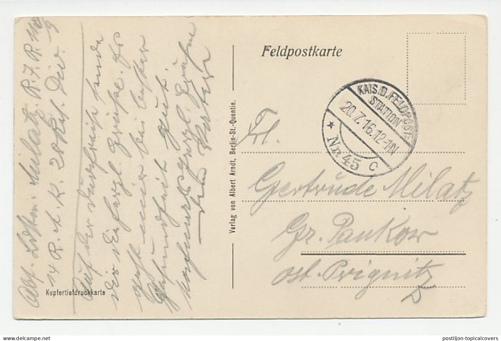 Fieldpost Postcard Germany / France 1916 Monument - St. Quentin - WWI - Autres & Non Classés