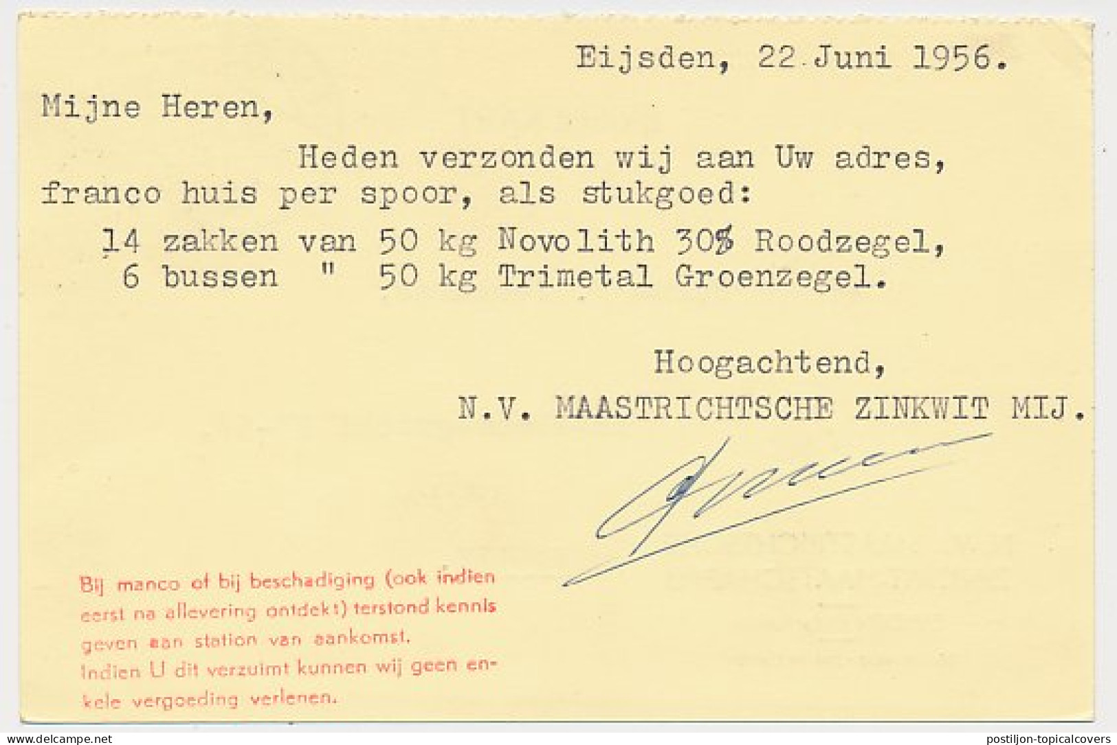 Firma Briefkaart Eijsden 1956- Maastrichtse Zinkwit Maatschappij - Non Classés