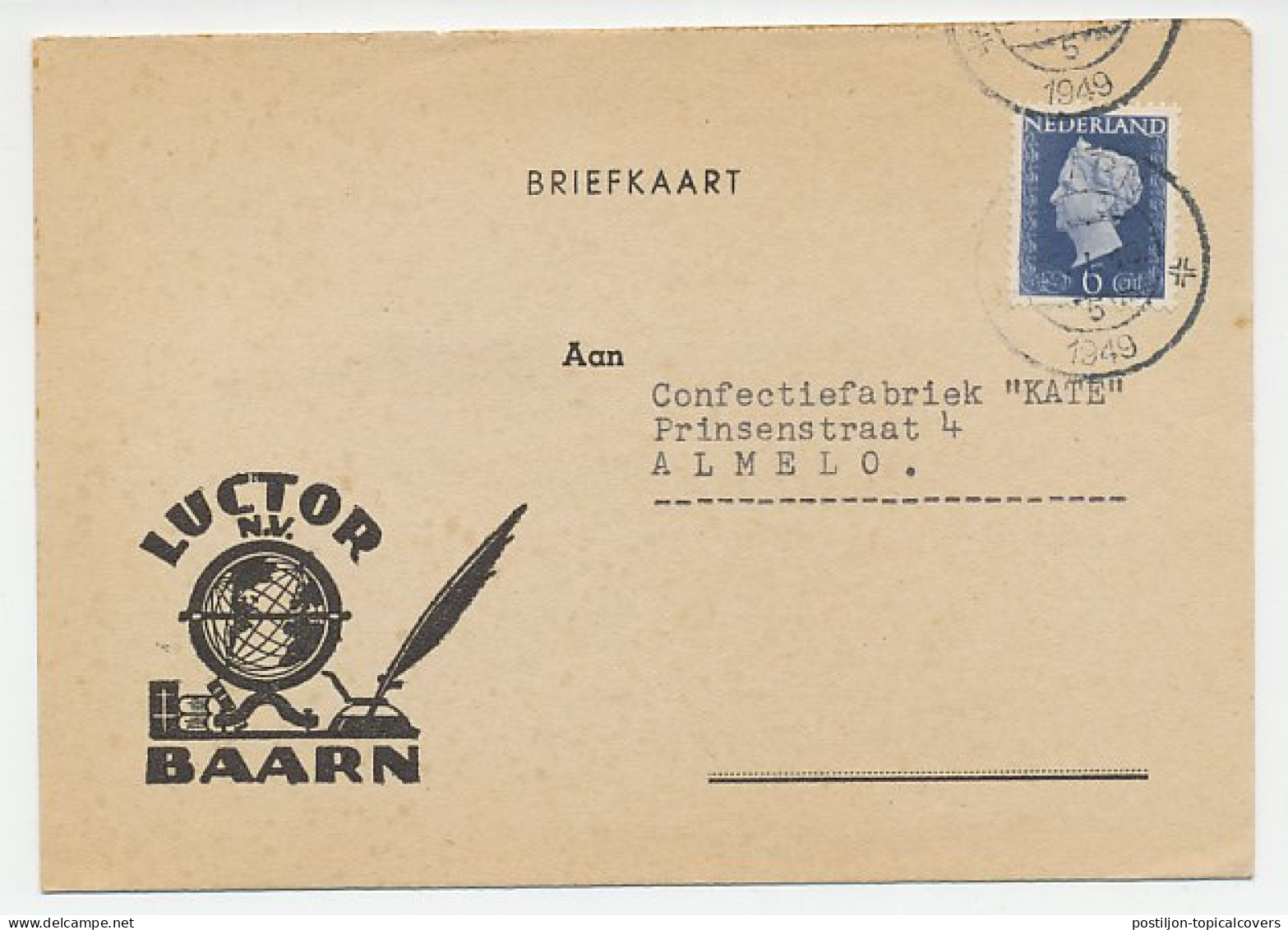 Firma Briefkaart Baarn 1949 - Globe - Boek - Inktpen - Unclassified