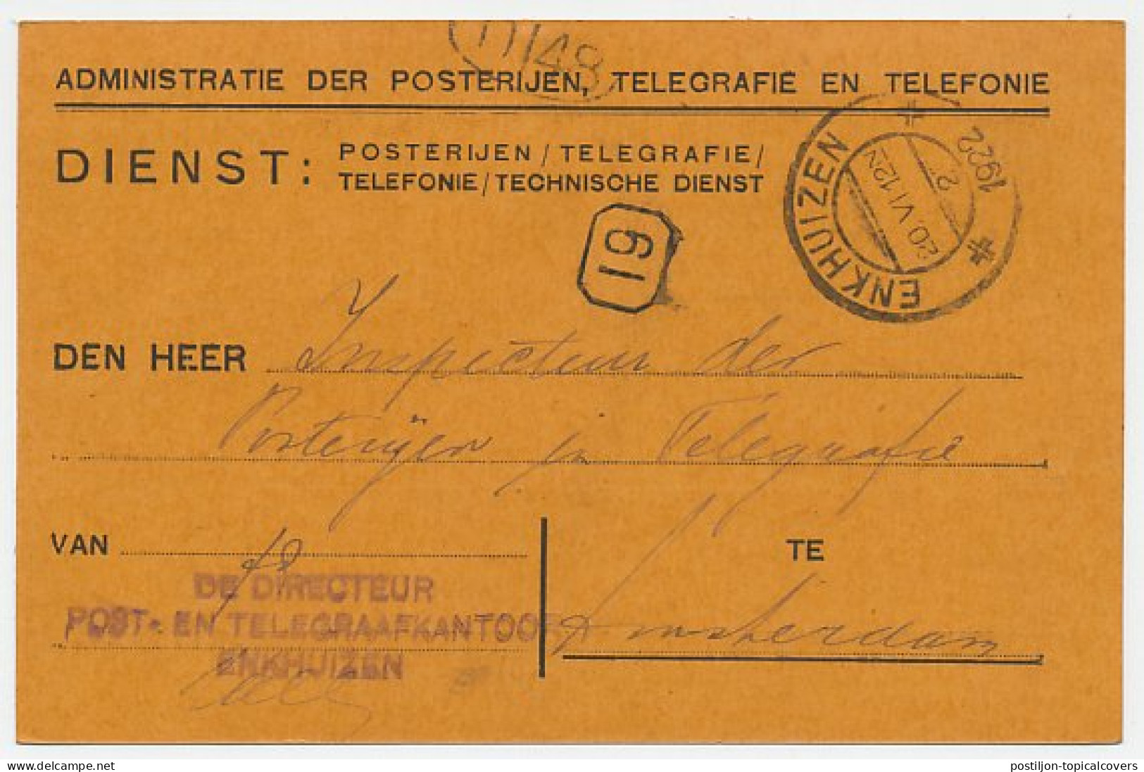 Dienst PTT Enkhuizen - Amsterdam 1922 - Bestellerstempel - Non Classés