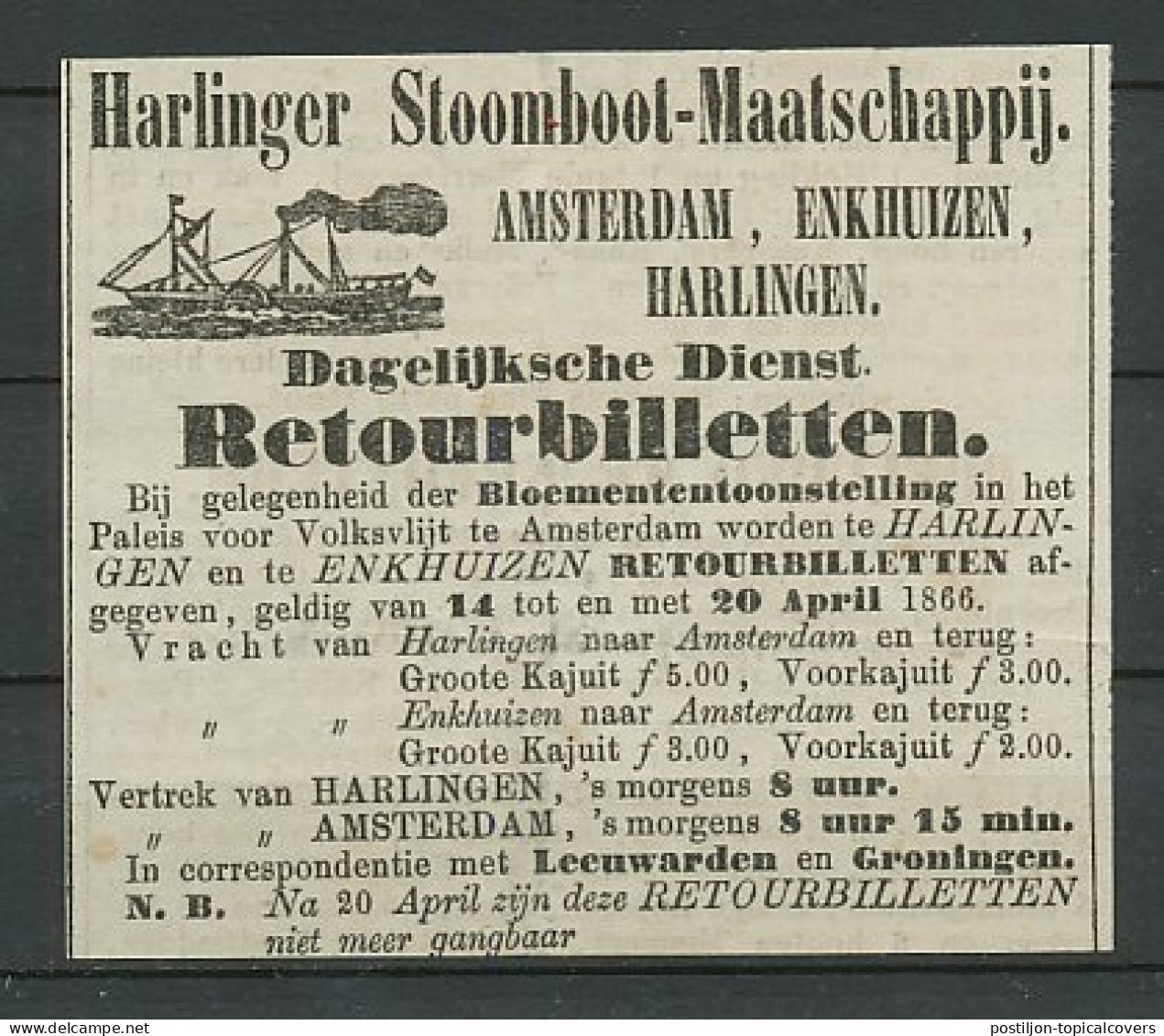 Advertentie 1866 Stoomboot Amsterdam - Enkhuizen - Leeuwarden - Briefe U. Dokumente