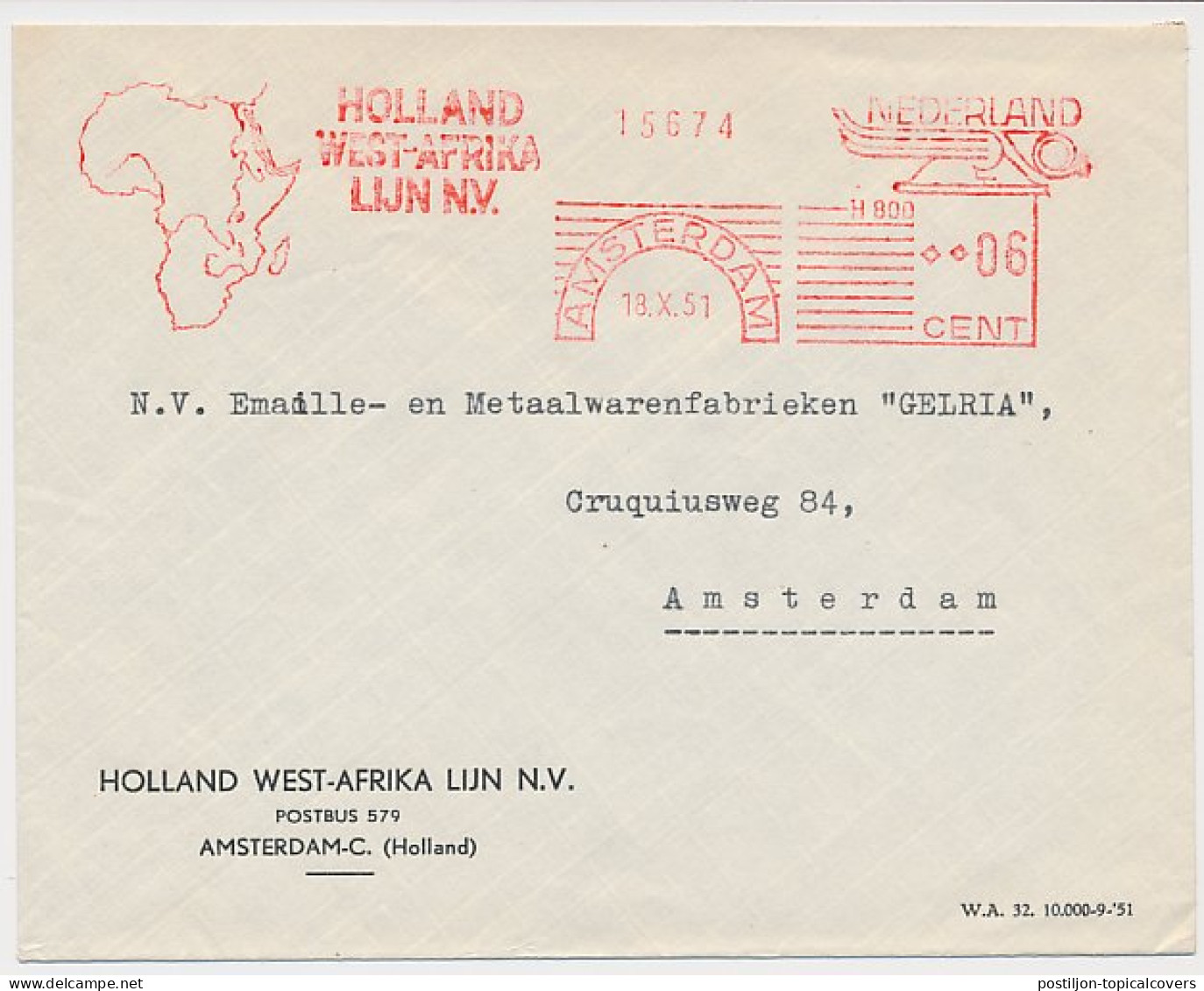 Meter Cover Netherlands 1951 Shipping Company Holland West Africa Line - Ships