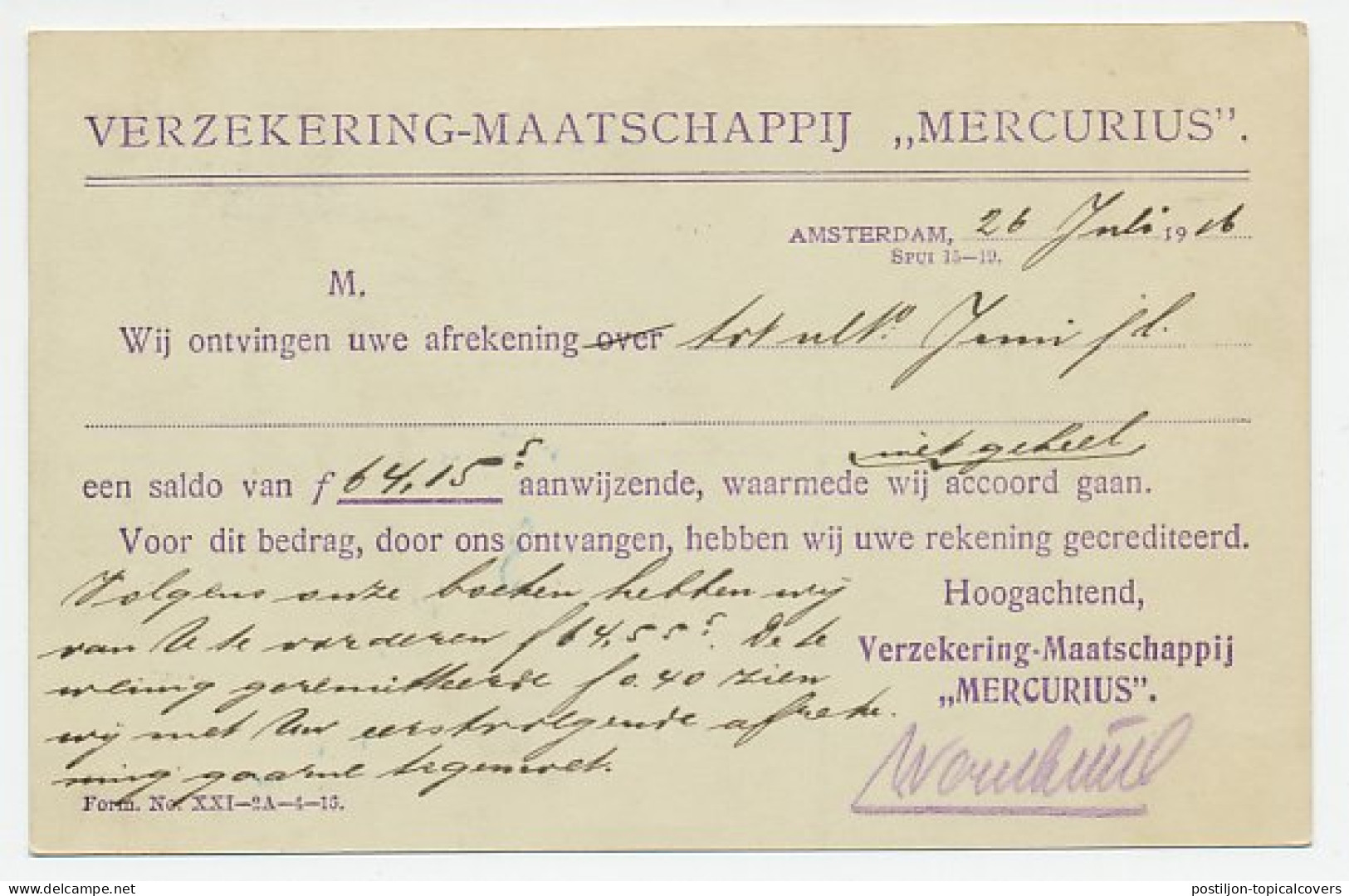 Firma Briefkaart Amsterdam 1916 - Mercurius - Non Classés