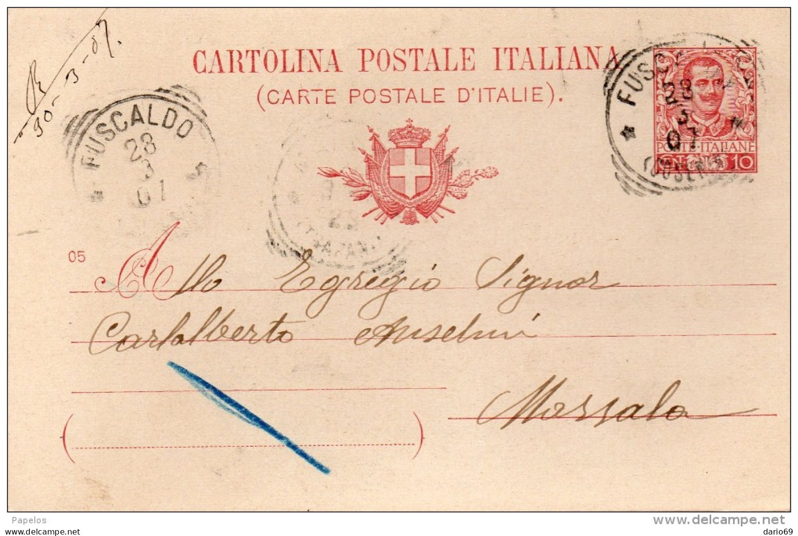 1907 CARTOLINA CON ANNULLO FUSCALDO COSENZA - Stamped Stationery