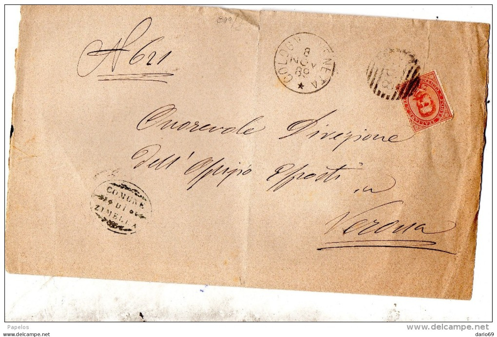 1889  LETTERA CON ANNULLO NUMERALE COLOGNA VENETA   VERONA + COMUNALE ZIMELLA - Poststempel