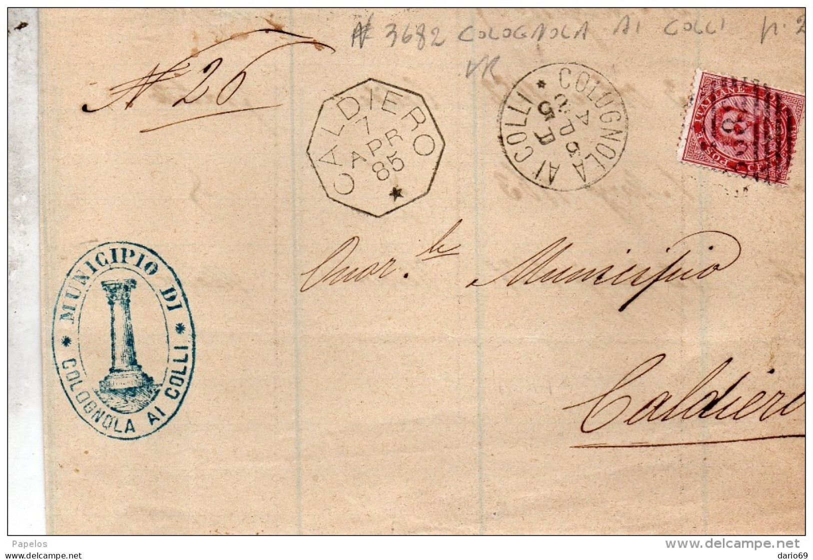 1885  LETTERA CON ANNULLO NUMERALE COLOGNOLA AI COLLI  VERONA + CALDIERO - Poststempel