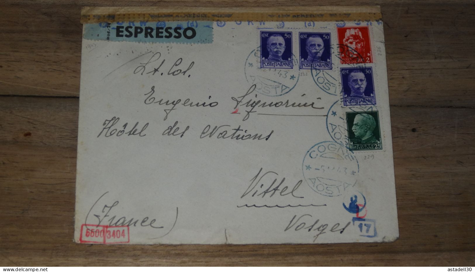 Enveloppe ITALIA, Censura, Espresso, Cogne Aosta 1943  ......... Boite1 ..... 240424-234 - Marcophilie