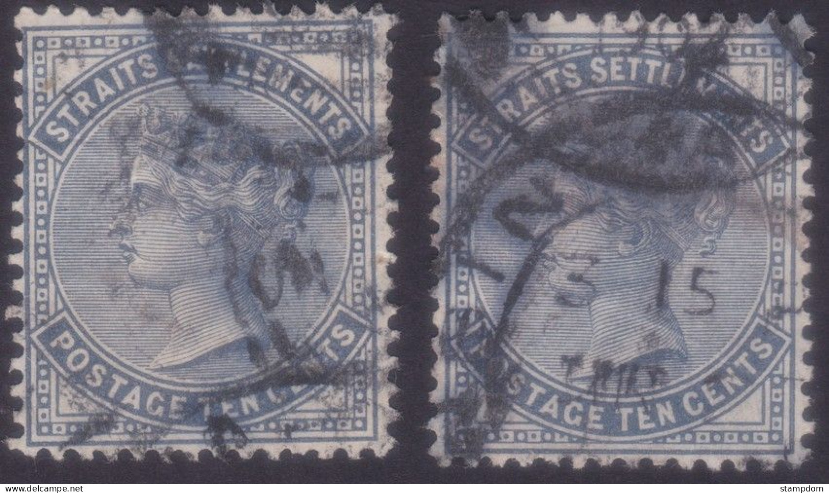 STRAITS SETTLEMENTS 1894 QV Wmk.Crown CA 5c Sc#51 - USED Heavy Cancel - Left Stamp Creased @N537 - Straits Settlements