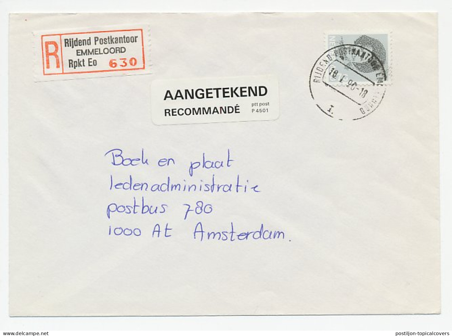 Em. Beatrix Aangetekend Emmeloord Rijdend Postkantoor 1990 - Non Classés