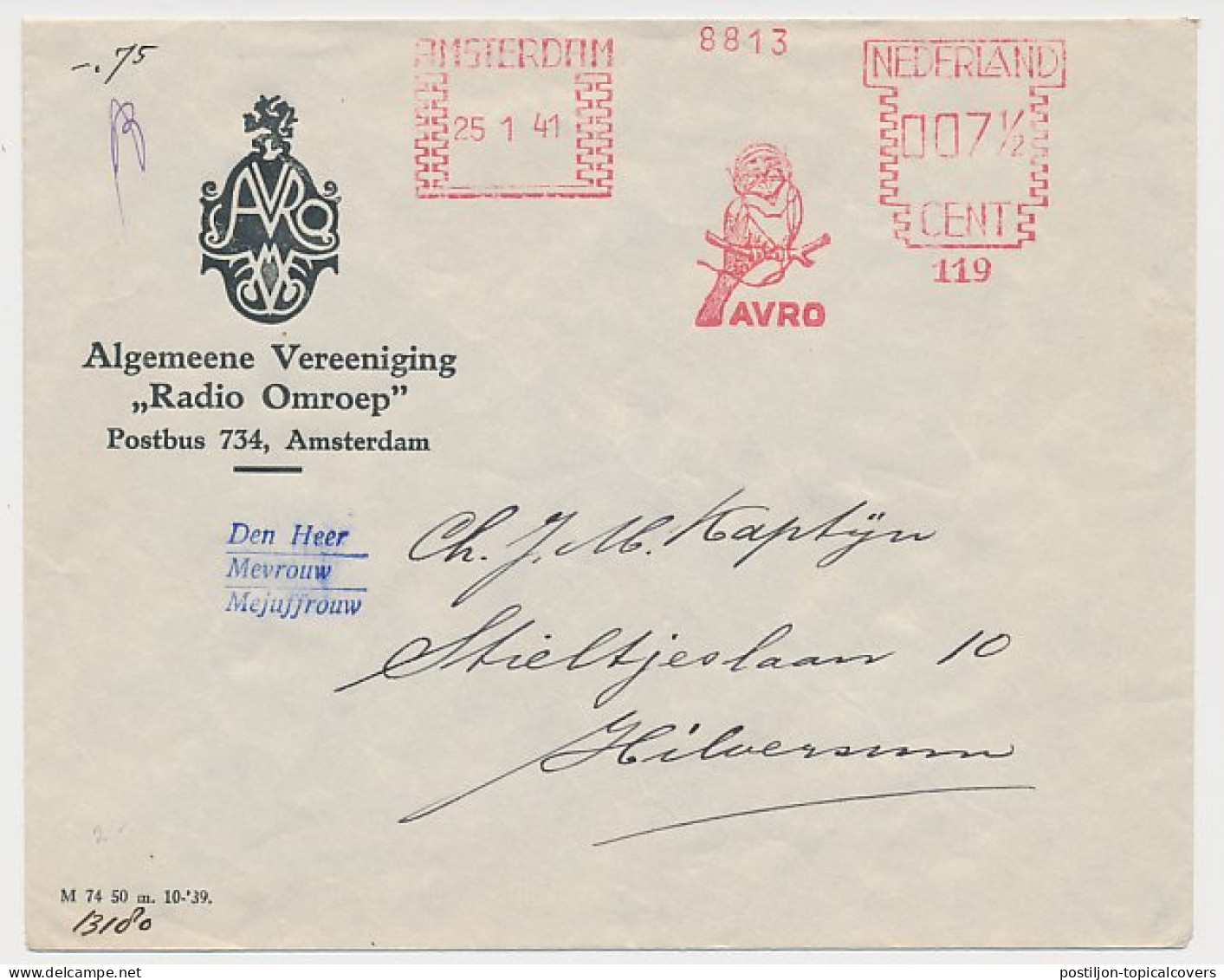 Meter Cover Netherlands 1941 Bird - Finch - Eavesdropper - AVRO - Other & Unclassified