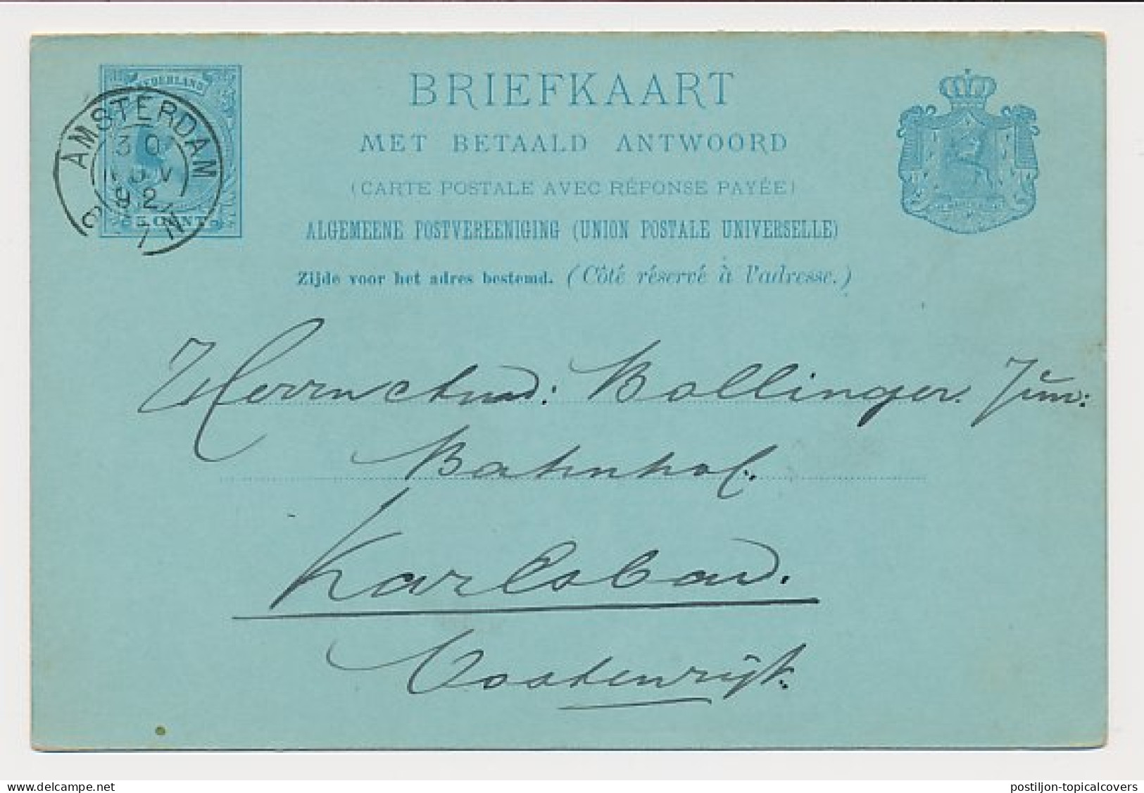 Briefkaart G. 30 Amsterdam - Oostenrijk 1892 - Postwaardestukken