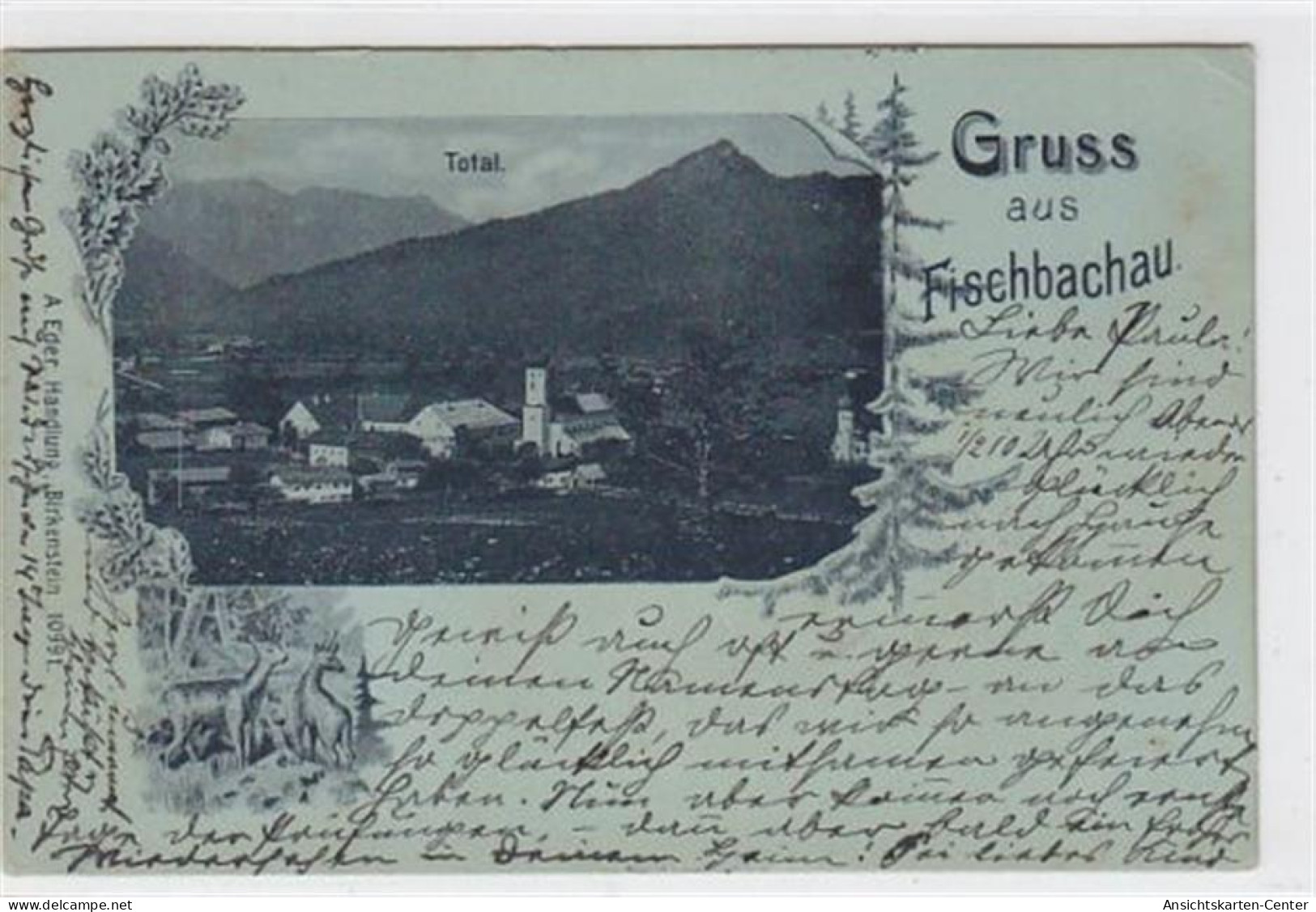 39045806 - Fischbachau. Totalansicht Zeichnung Mit 2 Rehen Gelaufen Am 01. Juli 1906 Leicht Stockfleckig, Sonst Gut Erh - Bad Wiessee