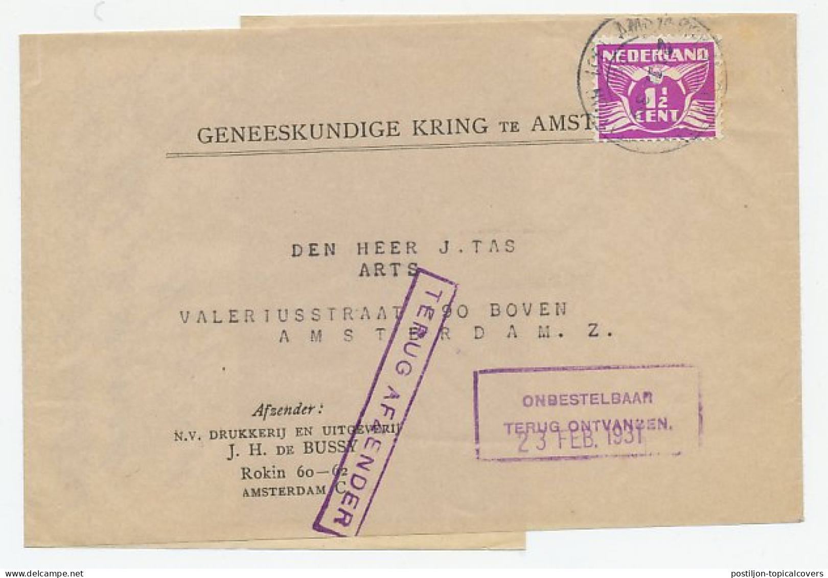Locaal Te Amsterdam 1931 - Onbestelbaar - Terug Afzender  - Non Classés