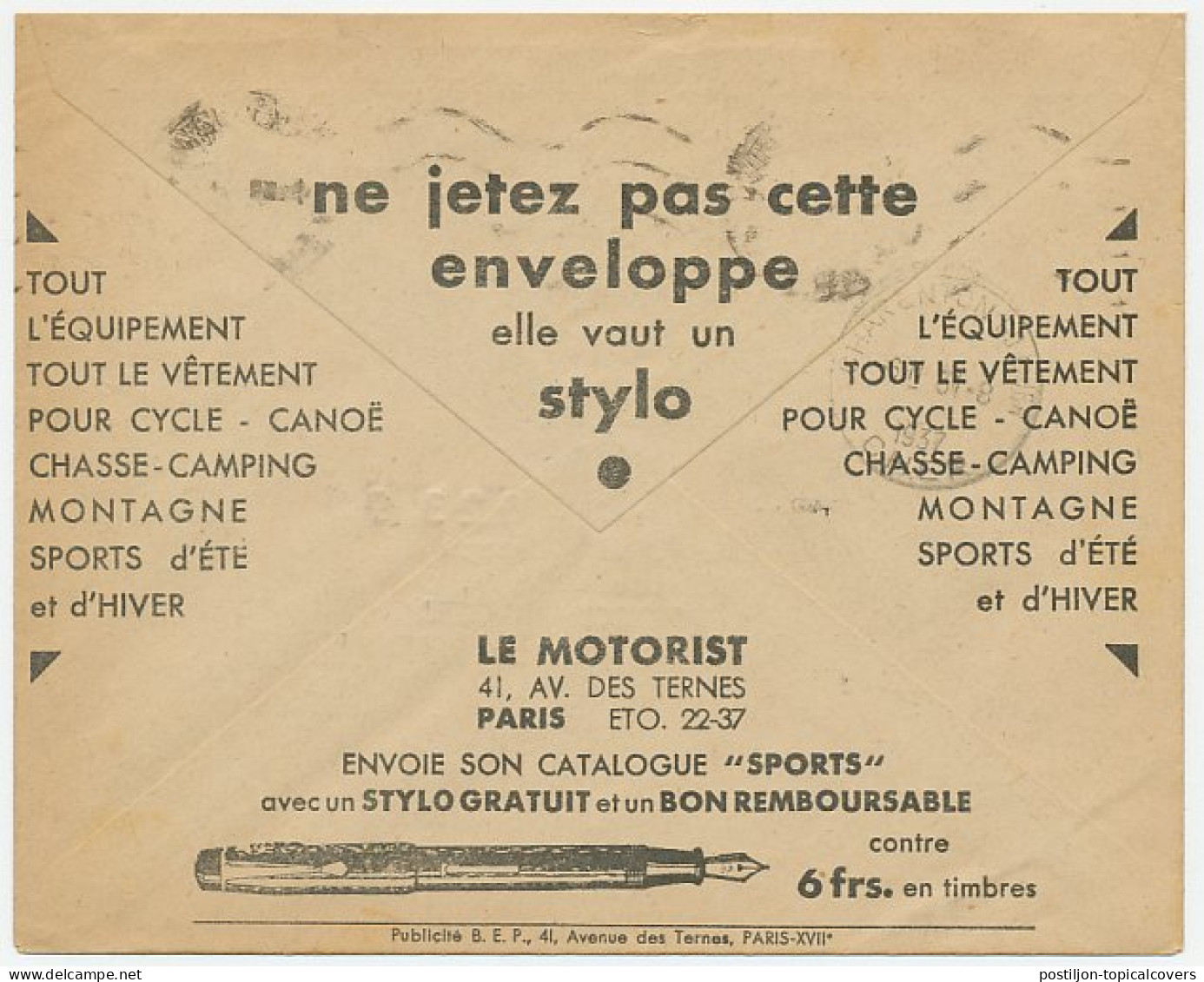 Postal Cheque Cover France 1937 Fountain Pen - Cycle - Canoe - Sports - Ohne Zuordnung