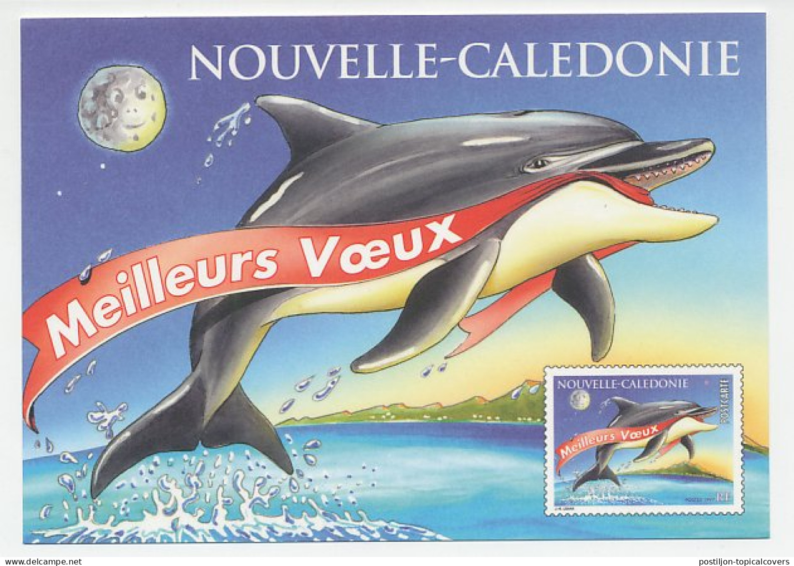 Postal Stationery New Caledonie 1997 Dolphin - Best Wishes - Moon - Otros & Sin Clasificación