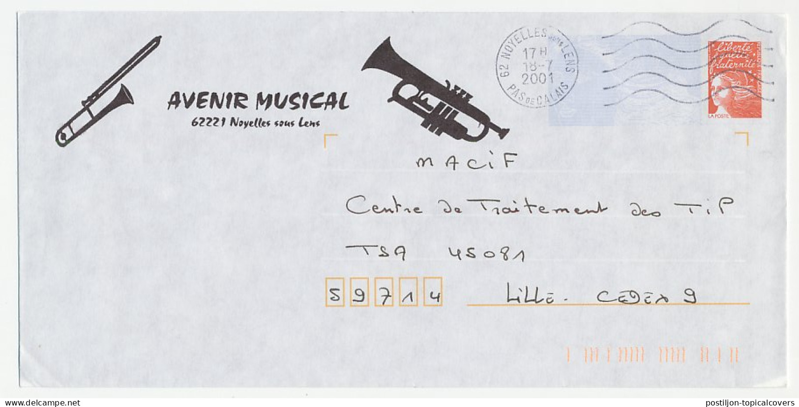 Postal Stationery / PAP France 2001 Trumpet - Trombone - Music