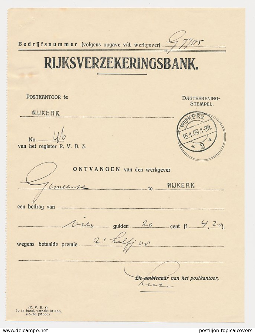 Nijkerk 1909 - Kwitantie Rijksverzekeringsbank - Non Classés