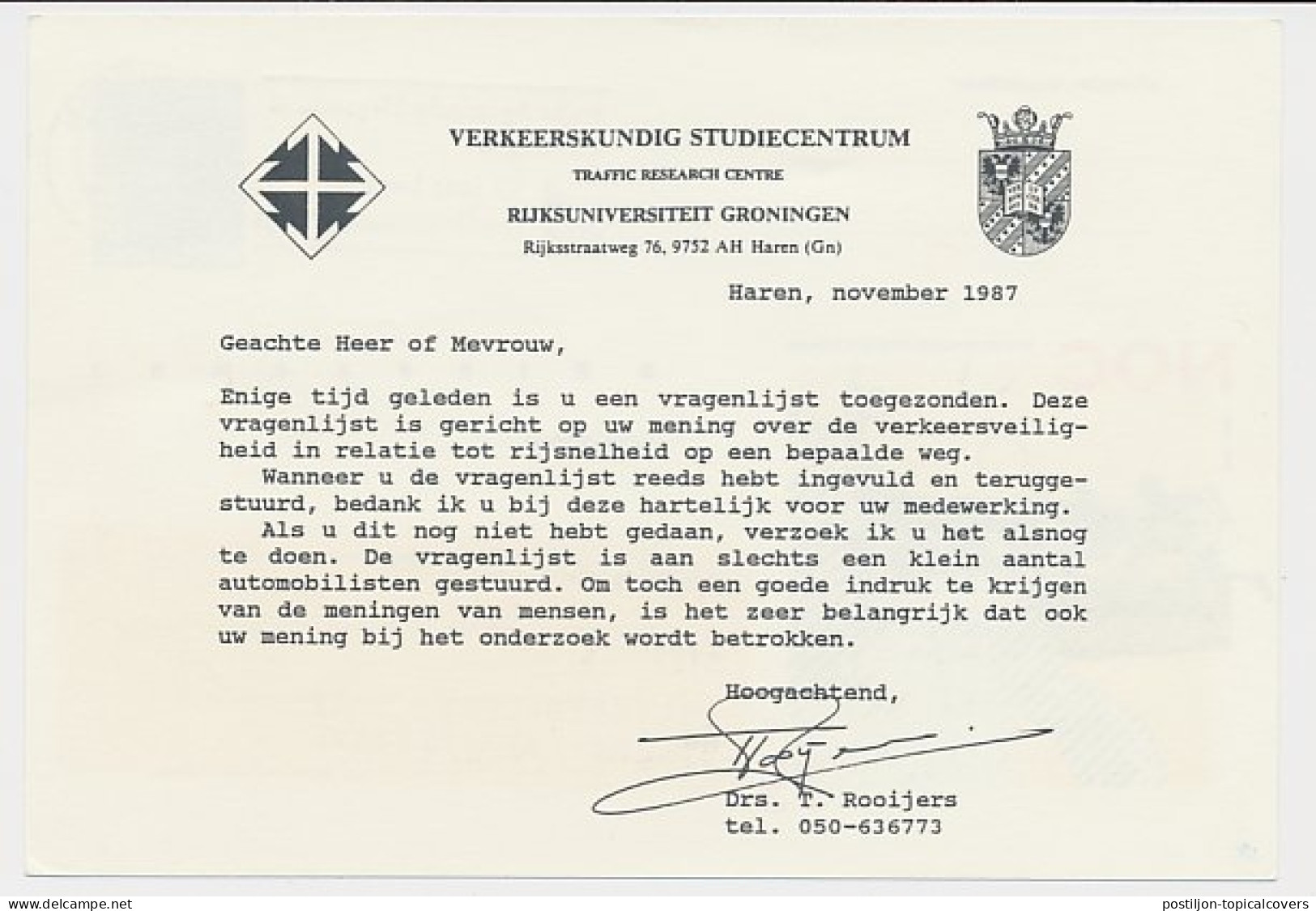 Briefkaart G. 366 Particulier Bedrukt Haren 1987 - Postwaardestukken