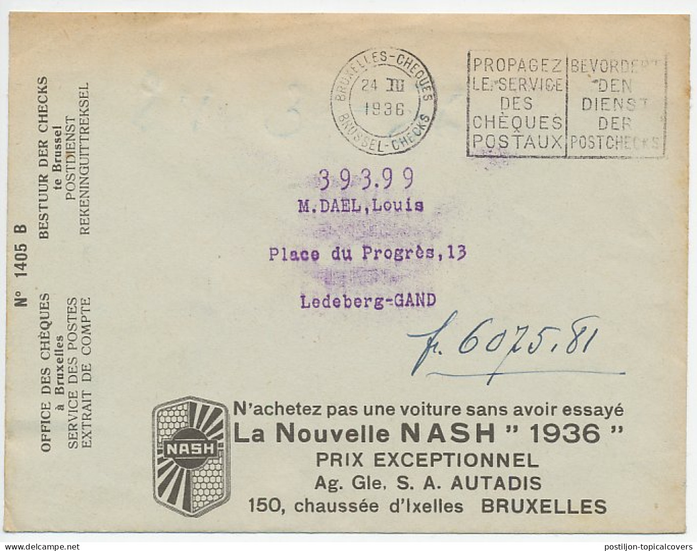 Postal Cheque Cover Belgium 1936 Car - Nash  - Cars