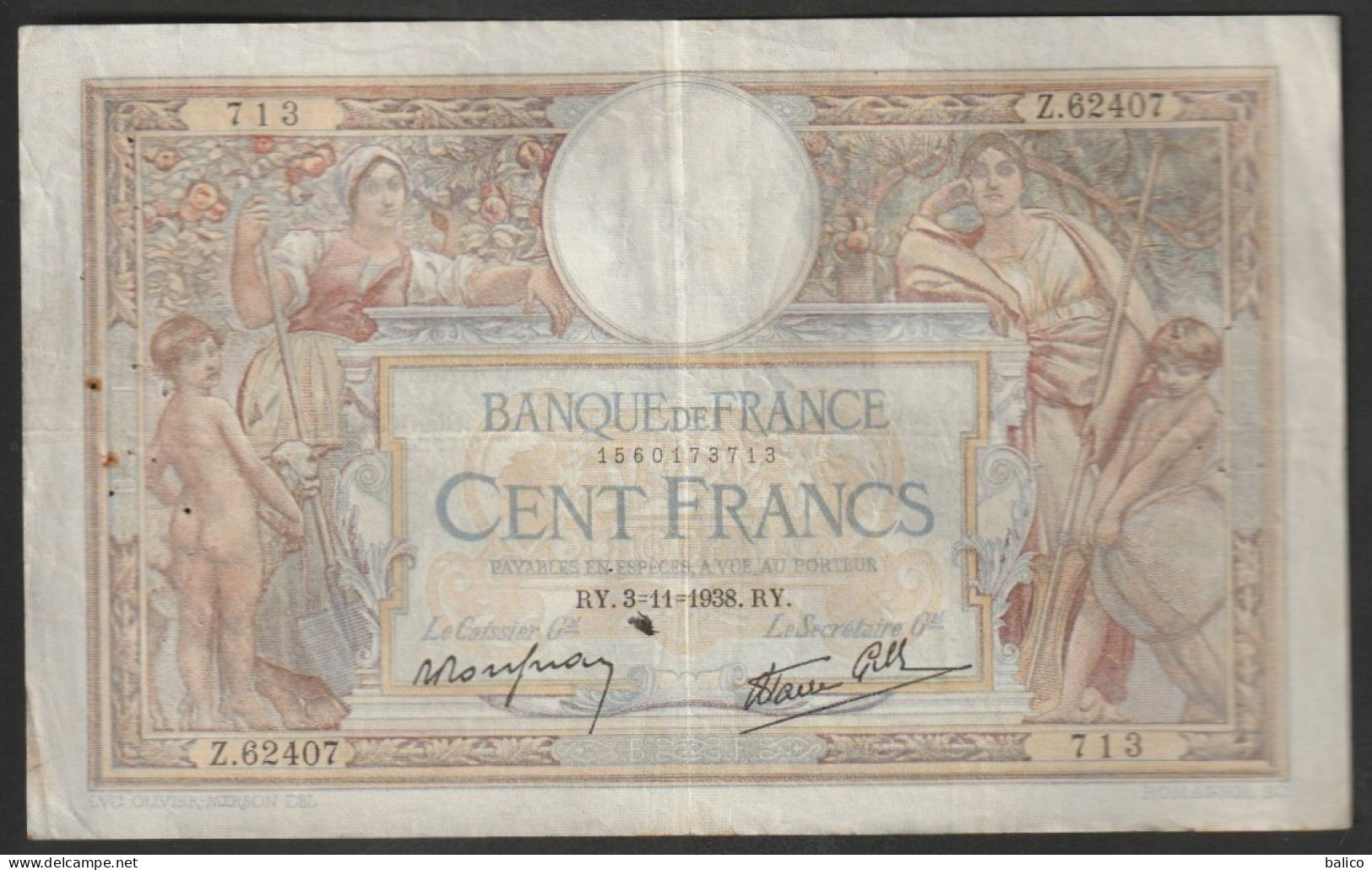 Billet 100 Francs Luc Olivier Merson  - 25-6-1936. W.51633 -  811 -  (dans L'état Déchirure !!!) - 100 F 1908-1939 ''Luc Olivier Merson''