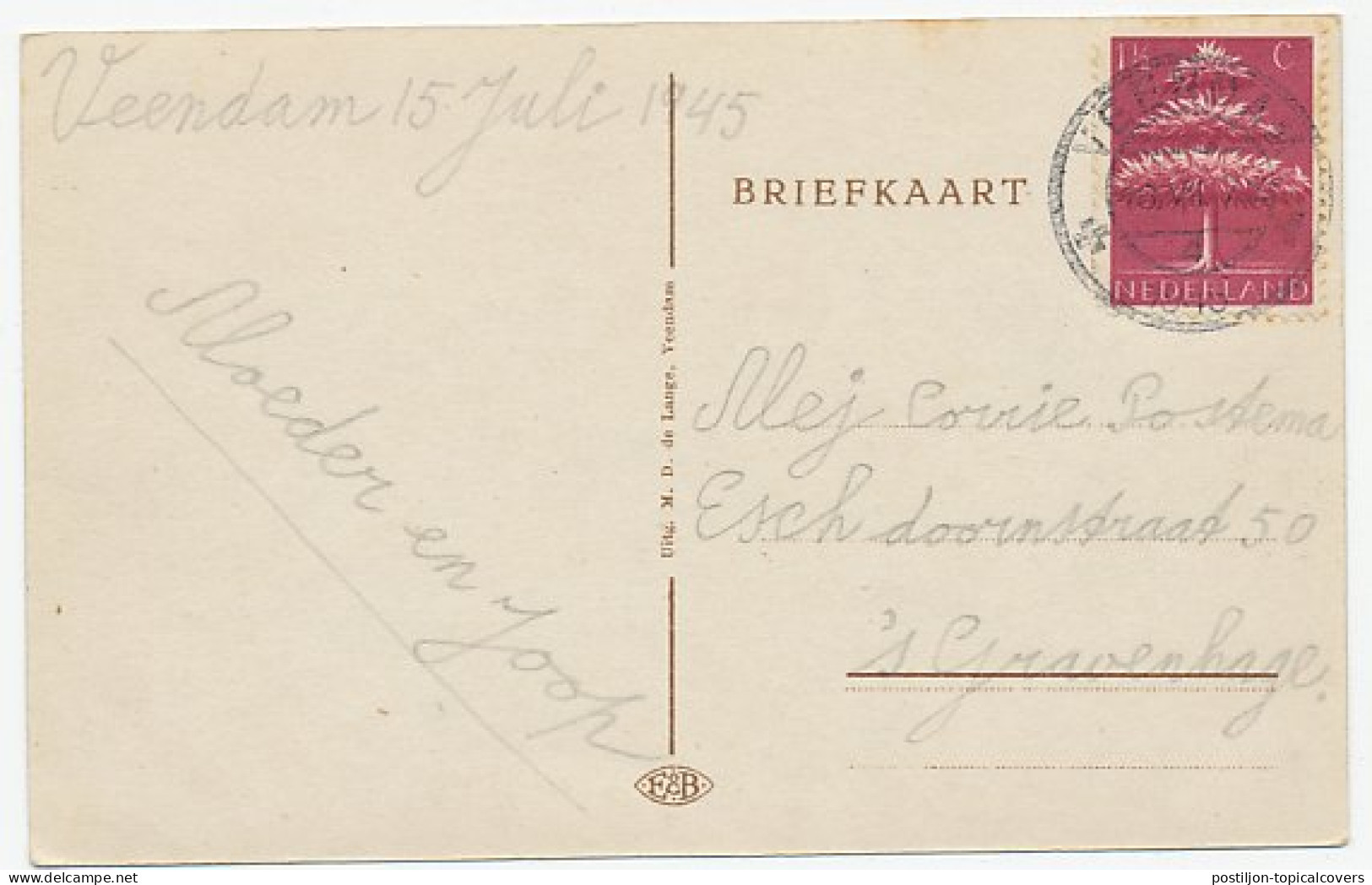 Prentbriefkaart Veendam - Boven Oosterdiep 1945 - Autres & Non Classés
