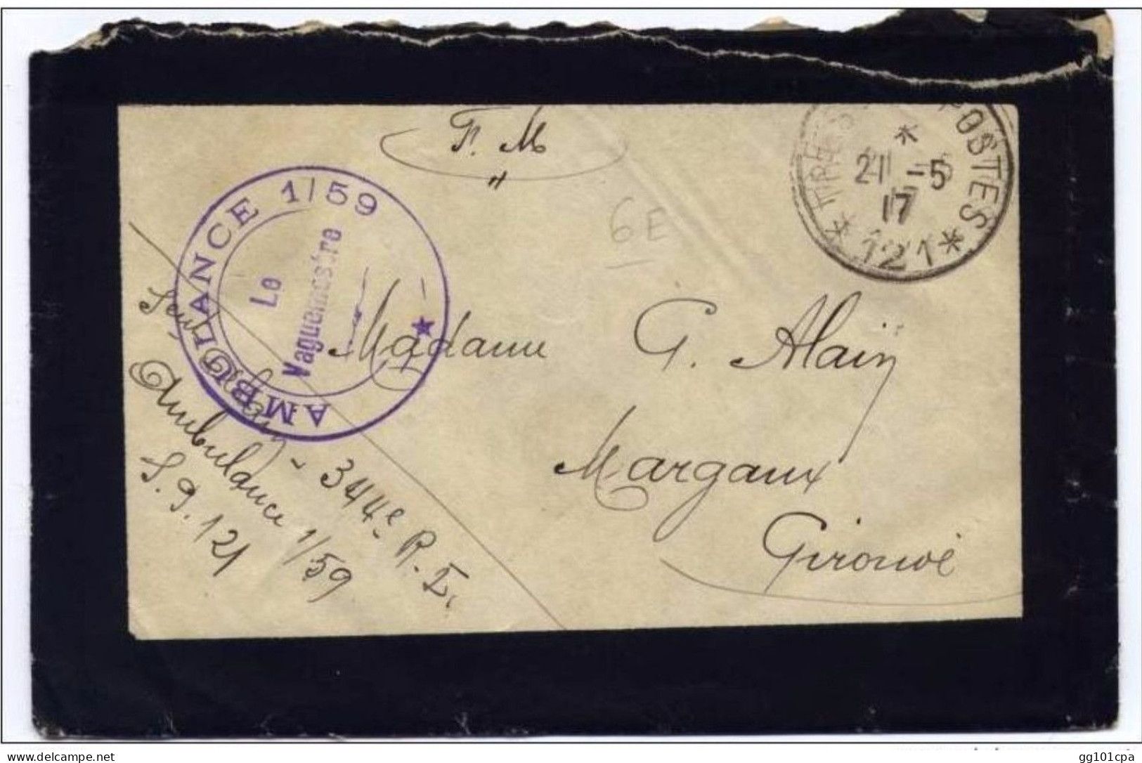 Lettre De Deuil Cachet Ambulance  1/59 + Tresor Et Postes 121 + Correspondance à L'intérieur - Paiement Par MANGOPAY - WW I