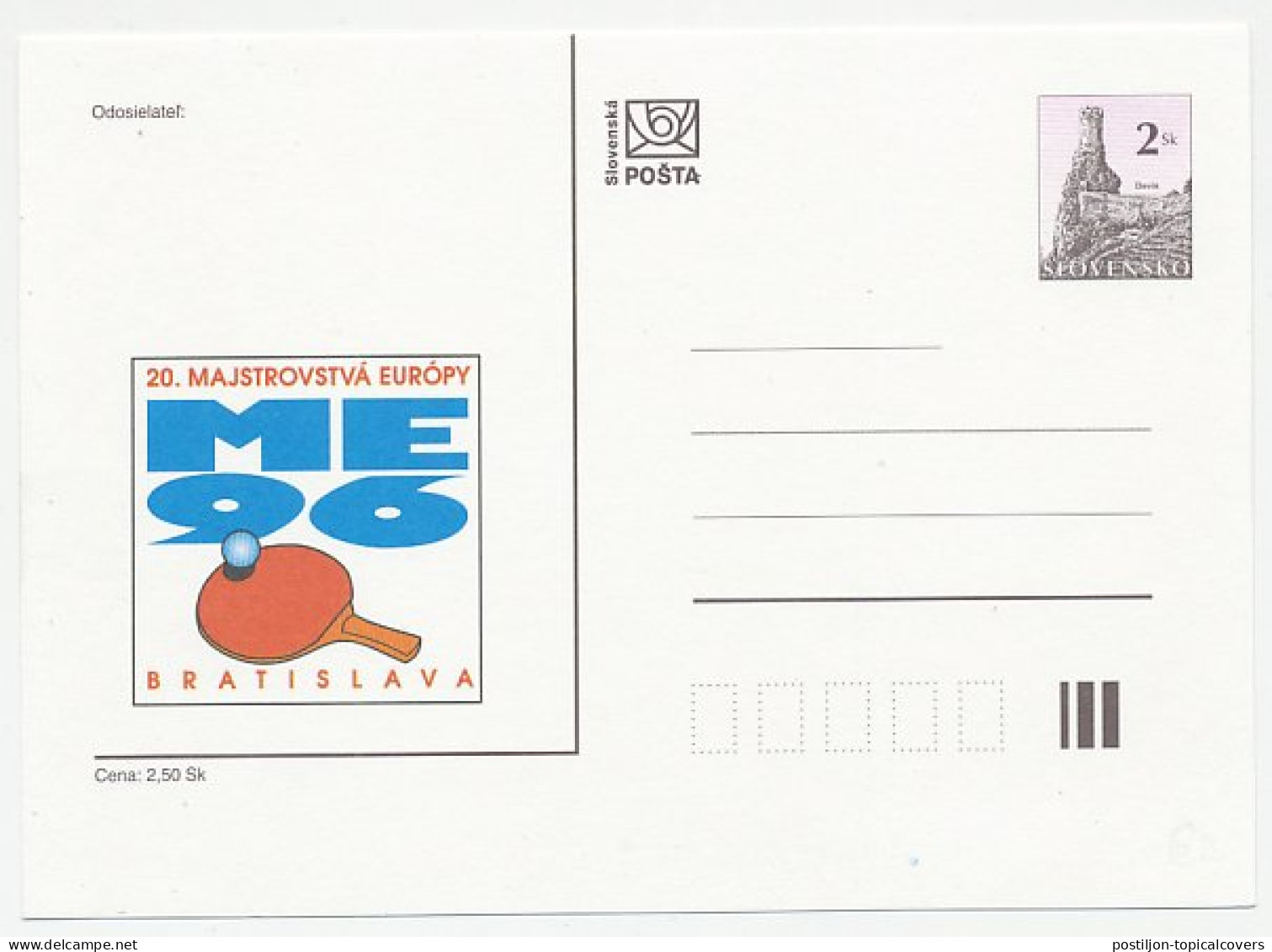 Postal Stationery Slovakia 1996 Table Tennis - European Championship - Other & Unclassified