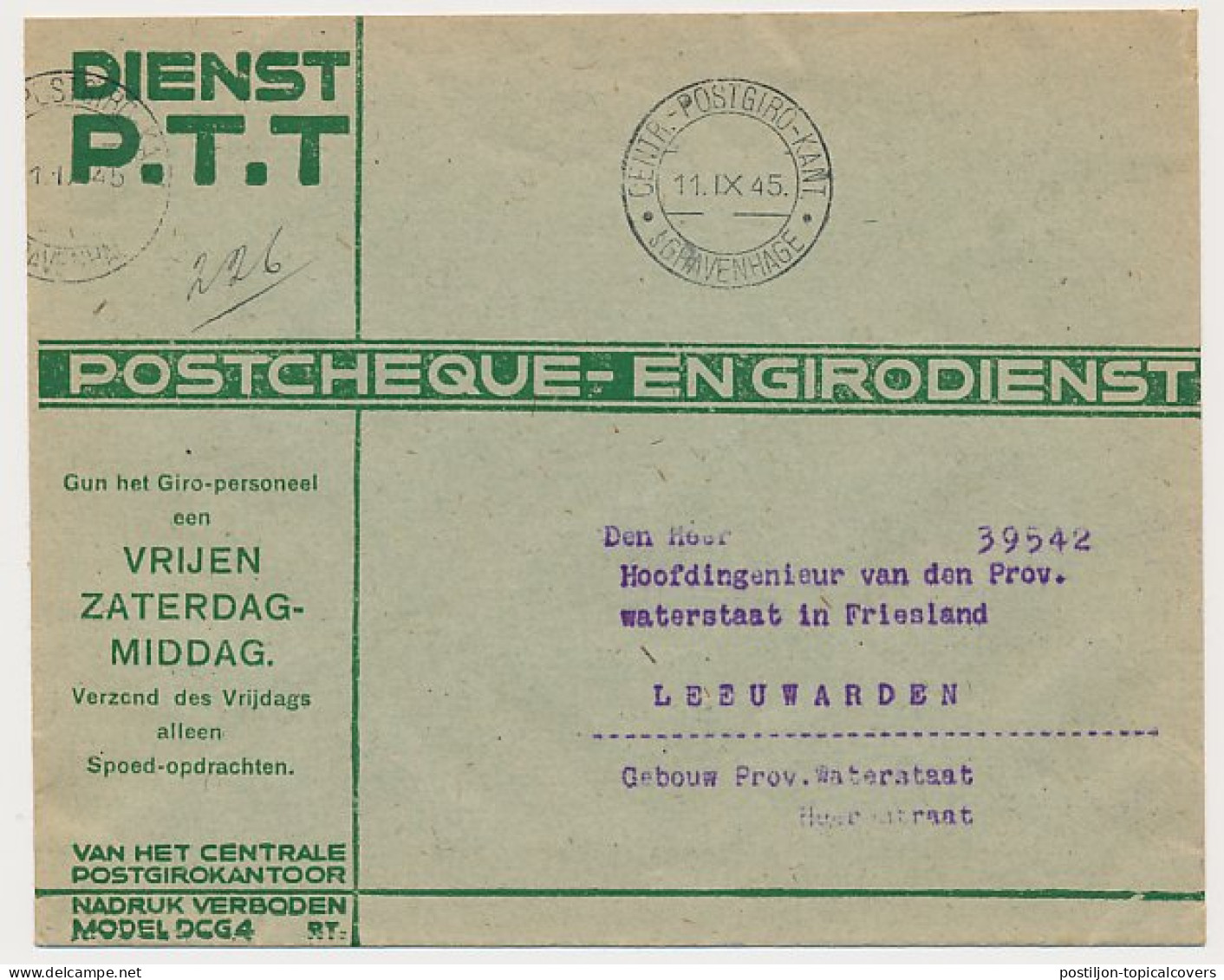 Dienst PTT Propaganda Envelop Vrijen Zaterdag - Den Haag 1945 - Storia Postale